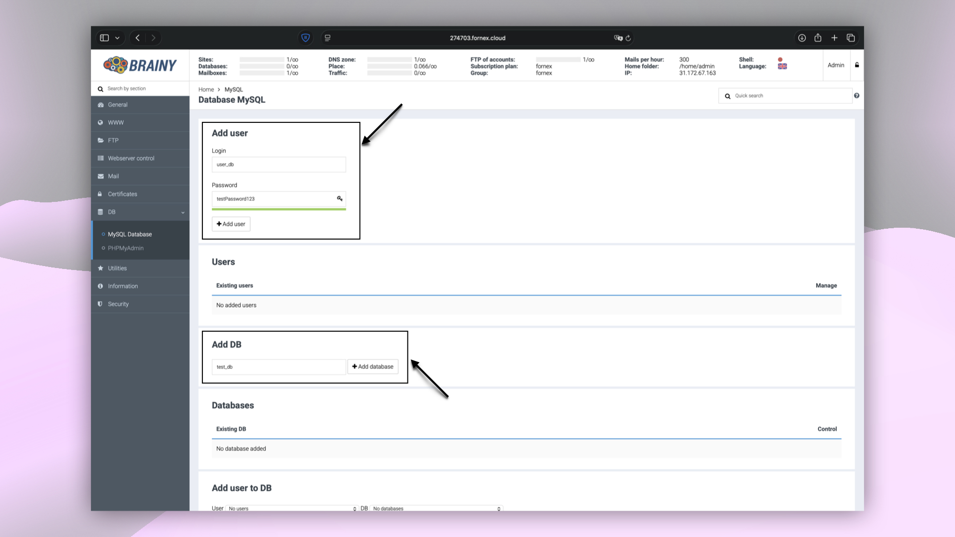 Creating a database and user in BrainyCP