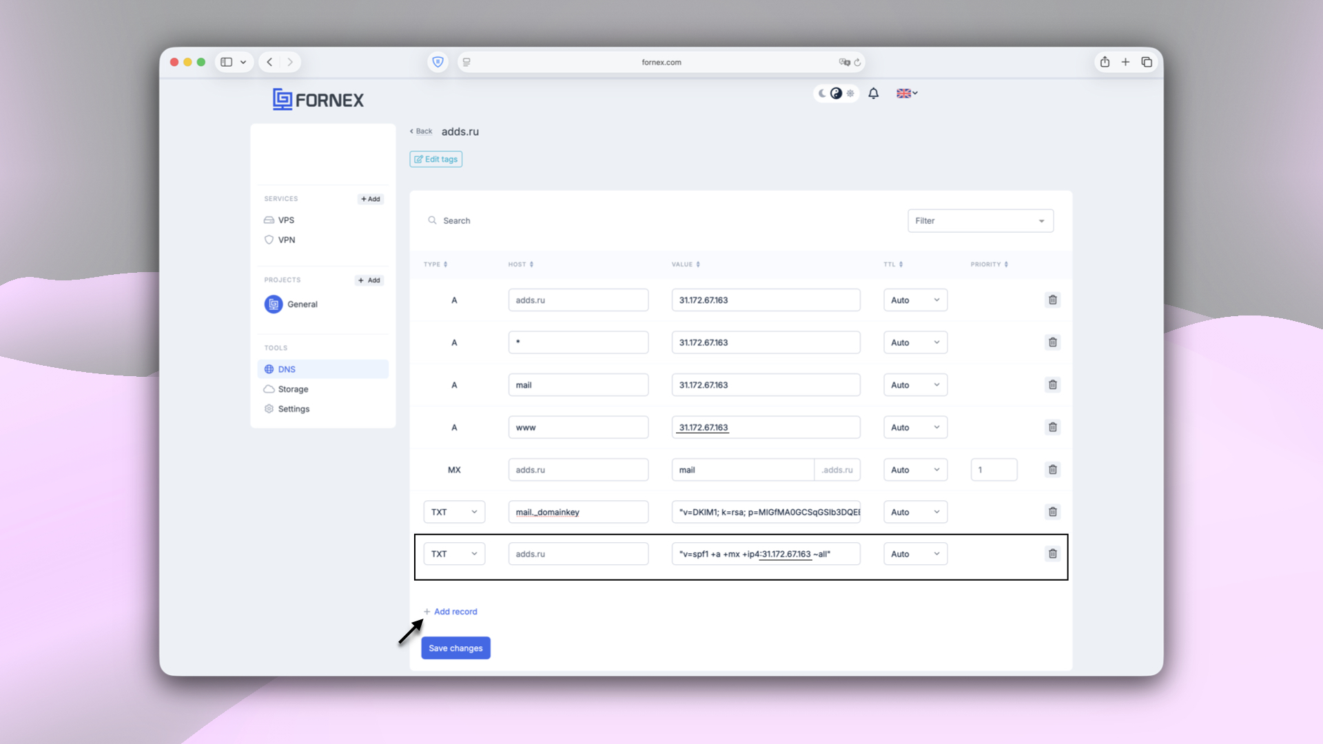 Adding SPF record in DNS panel