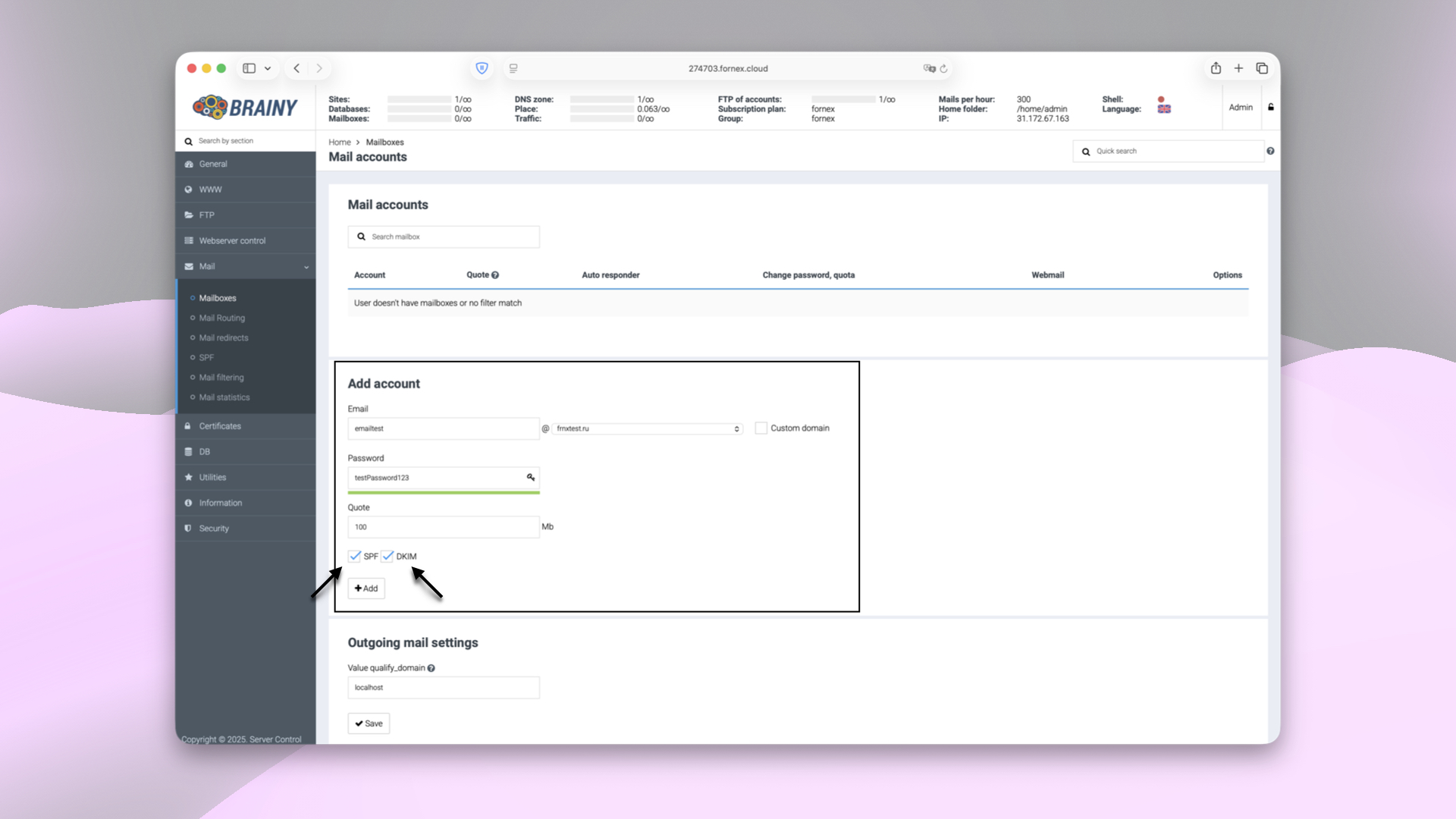 New mail account parameters in BrainyCP
