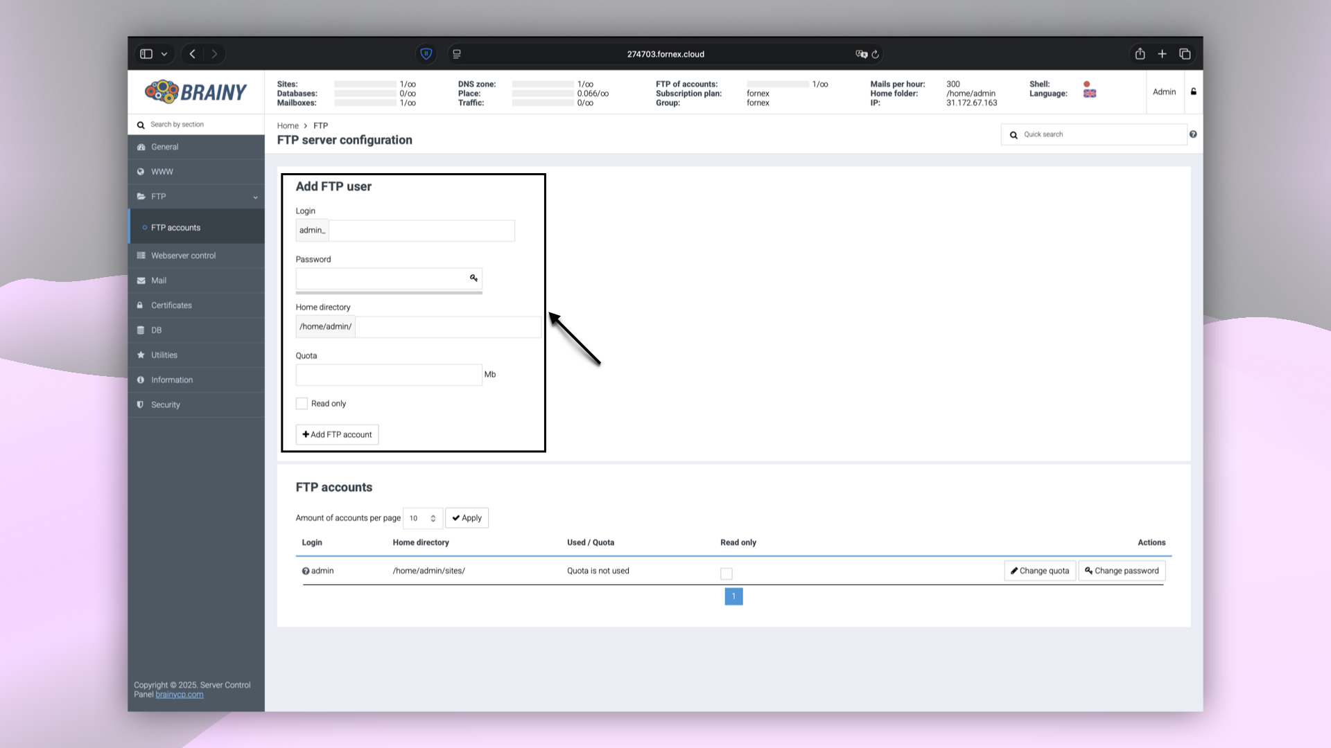 Creating FTP user in BrainyCP