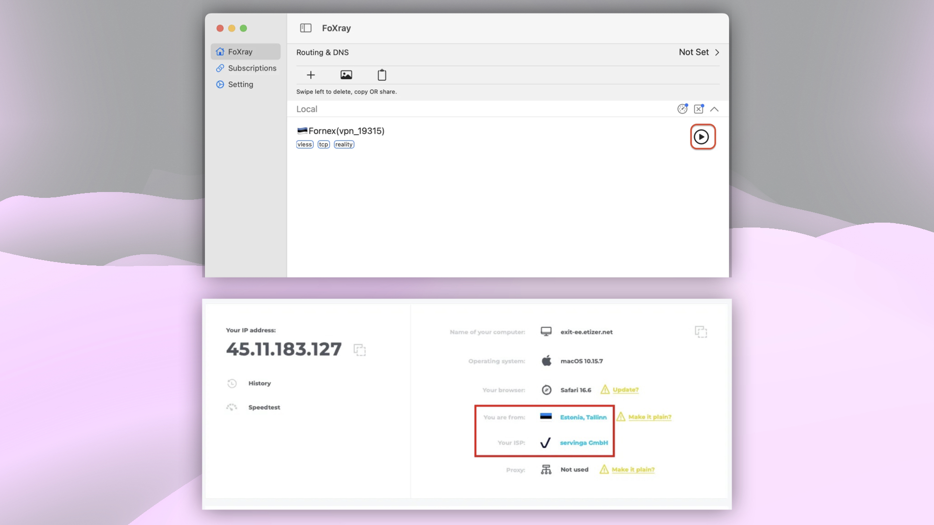 Checking the IP address after connecting to VPN