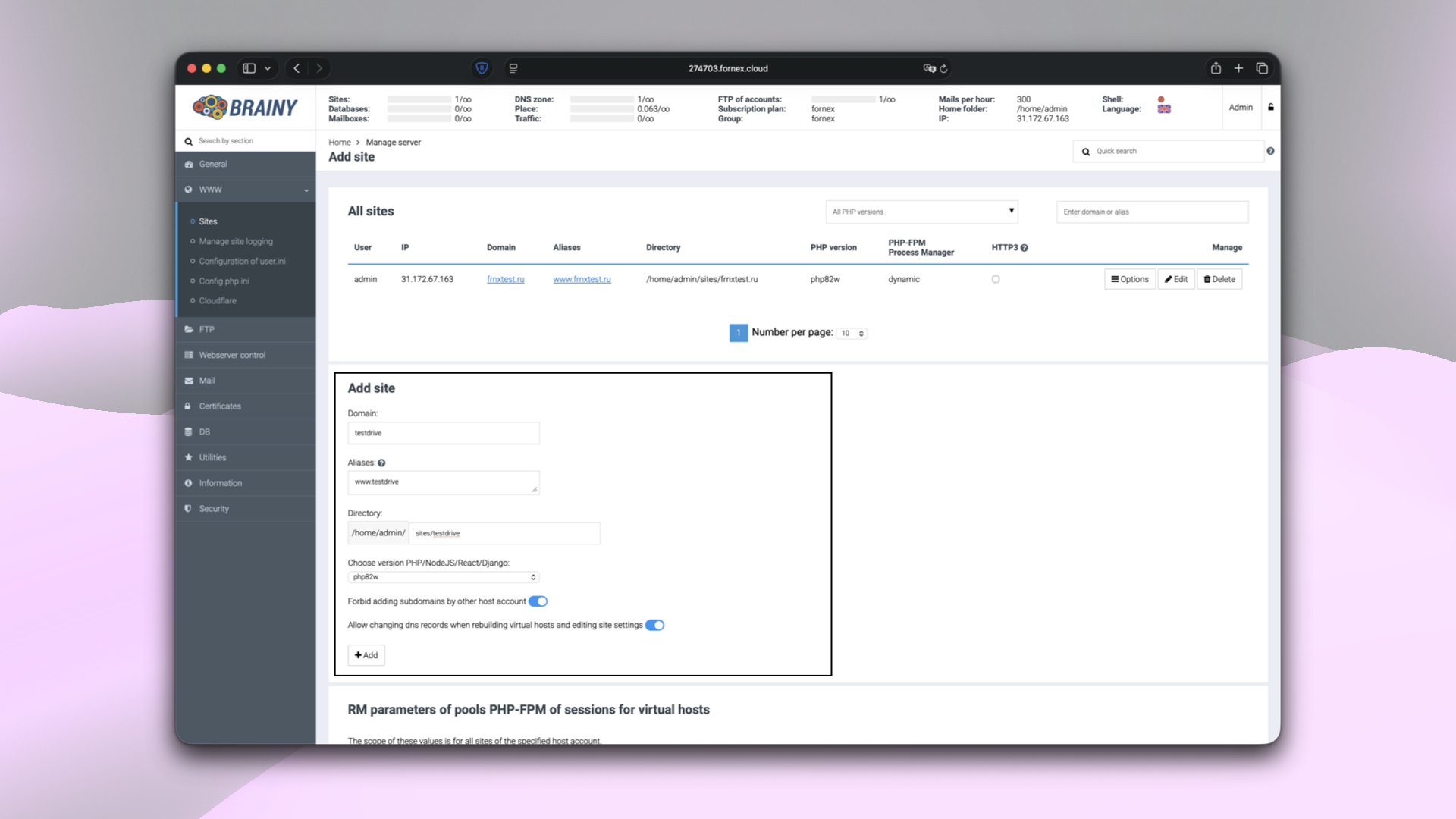 Adding a domain in BrainyCP
