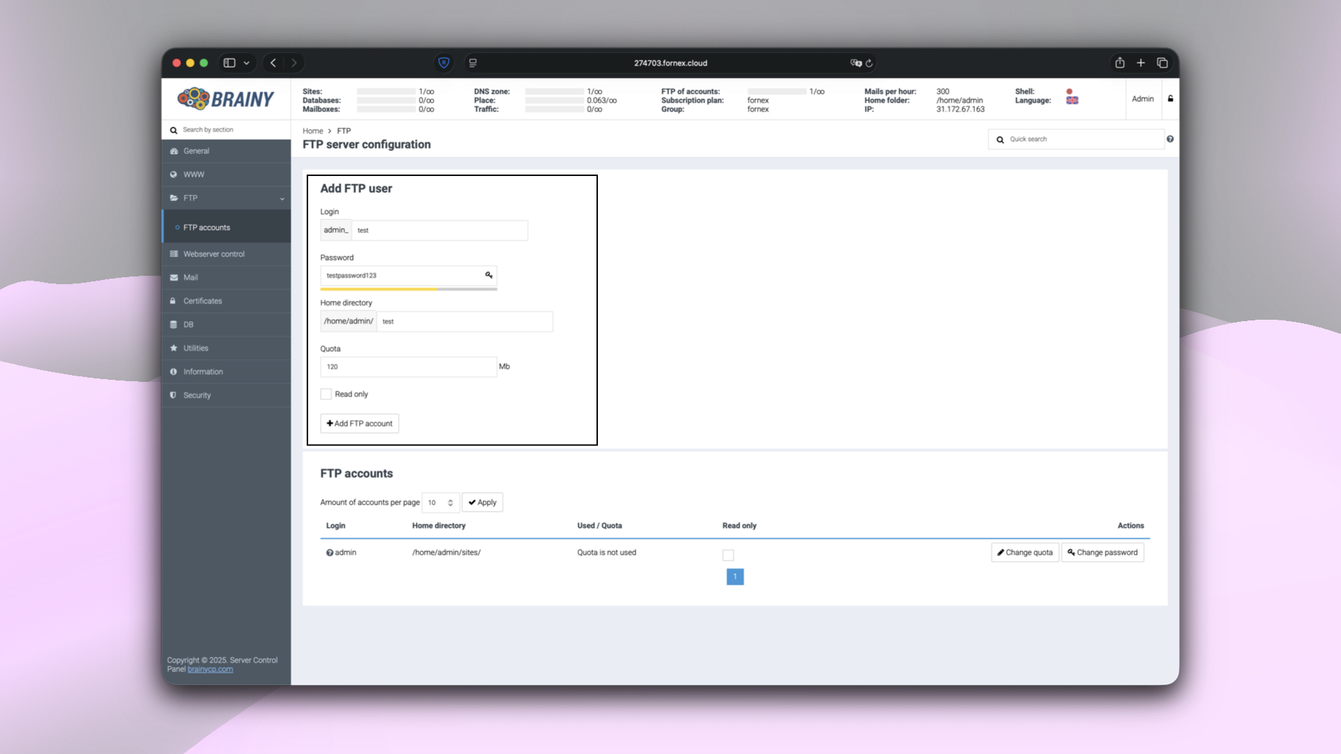 Creating an FTP user in BrainyCP
