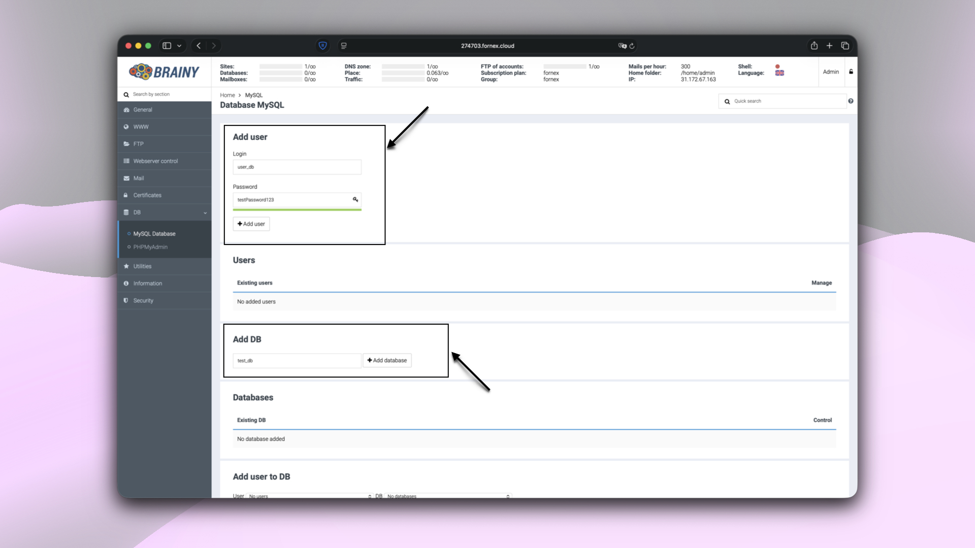 Configuring database in BrainyCP
