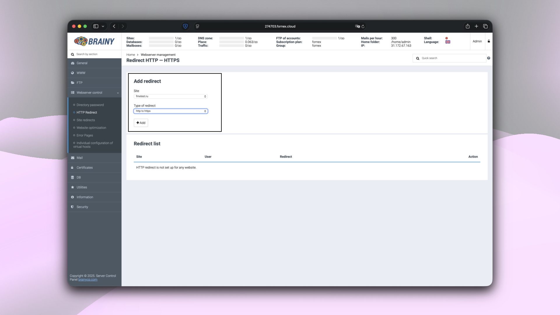 HTTP to HTTPS redirection in BrainyCP