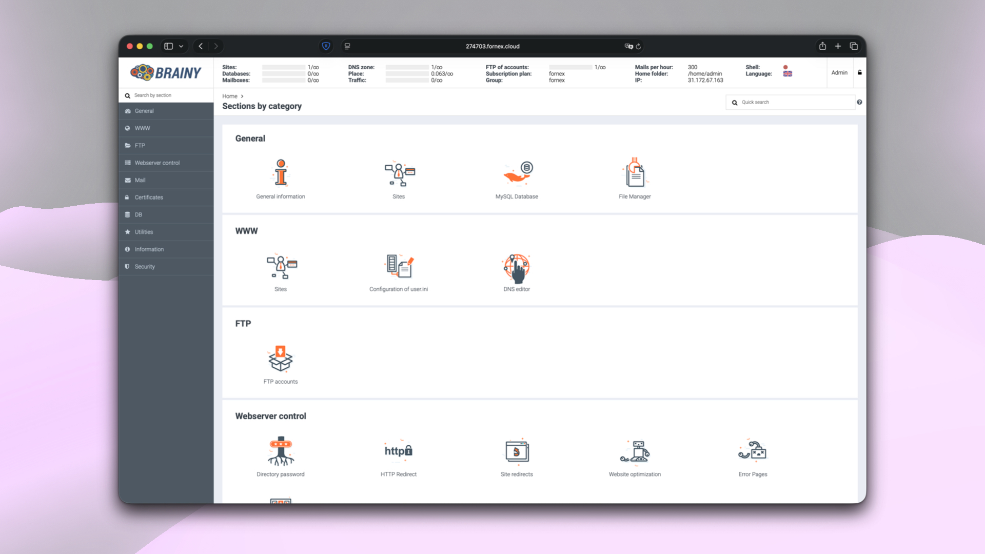 BrainyCP control panel sections