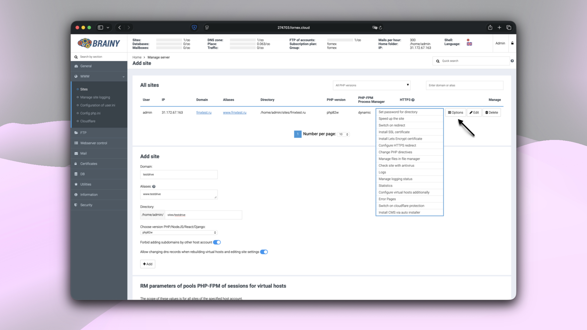 Site options in BrainyCP