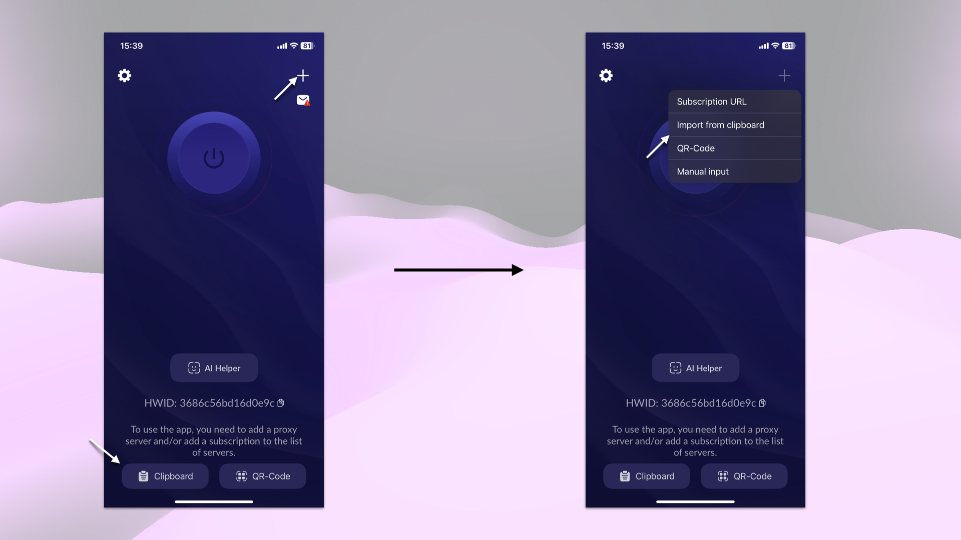 Pasting the VPN configuration from the clipboard into Happ