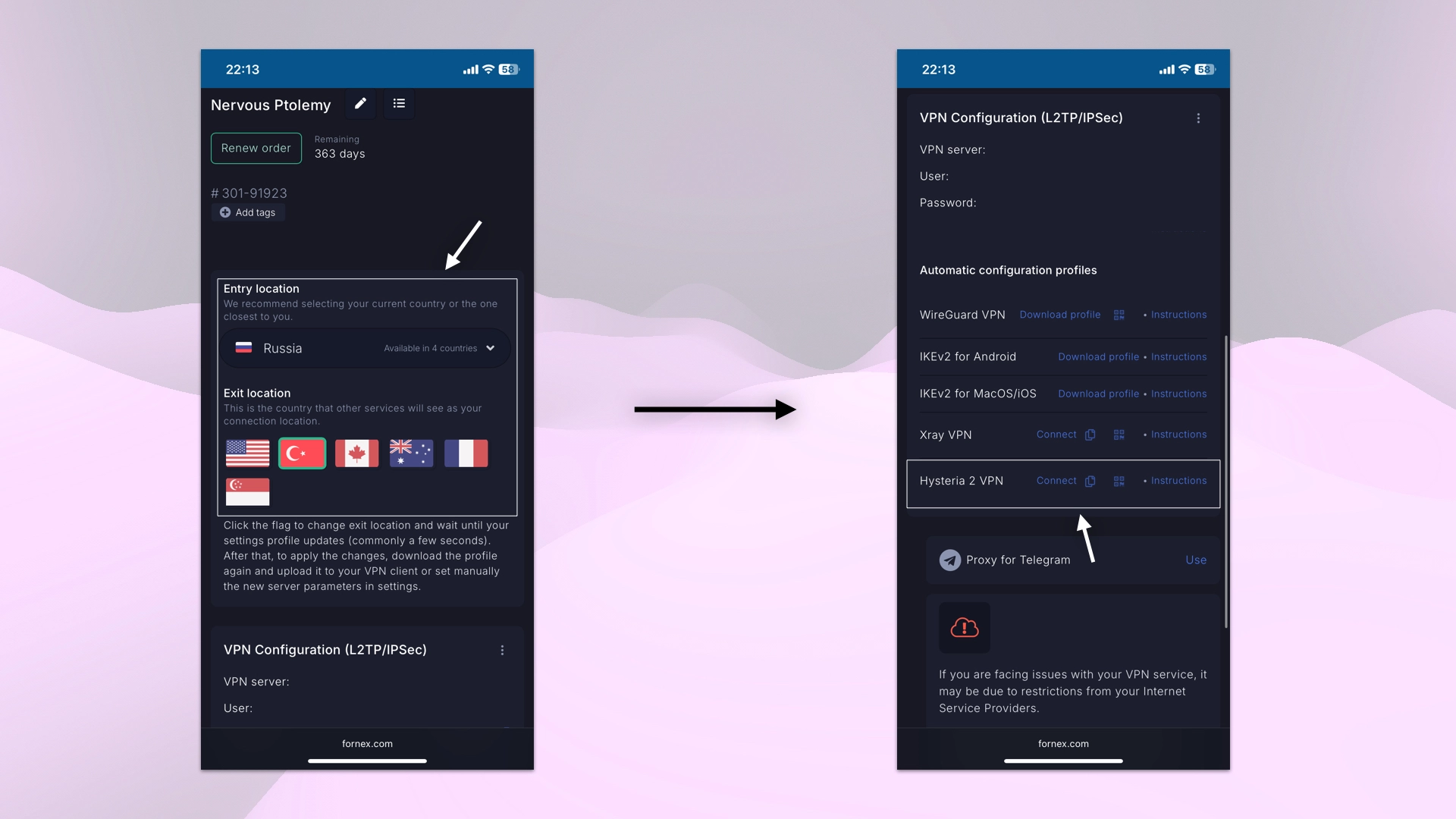 Selecting the VPN connection country and configuration option
