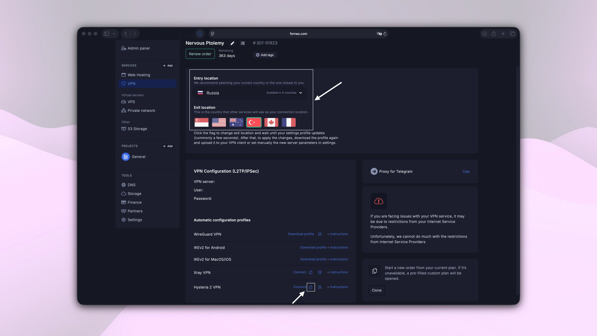 Selecting the VPN connection country and configuration option