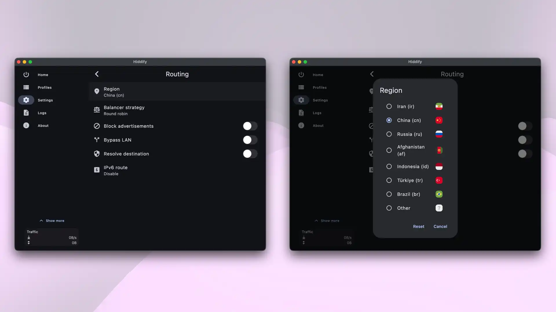 Routing settings in Hiddify