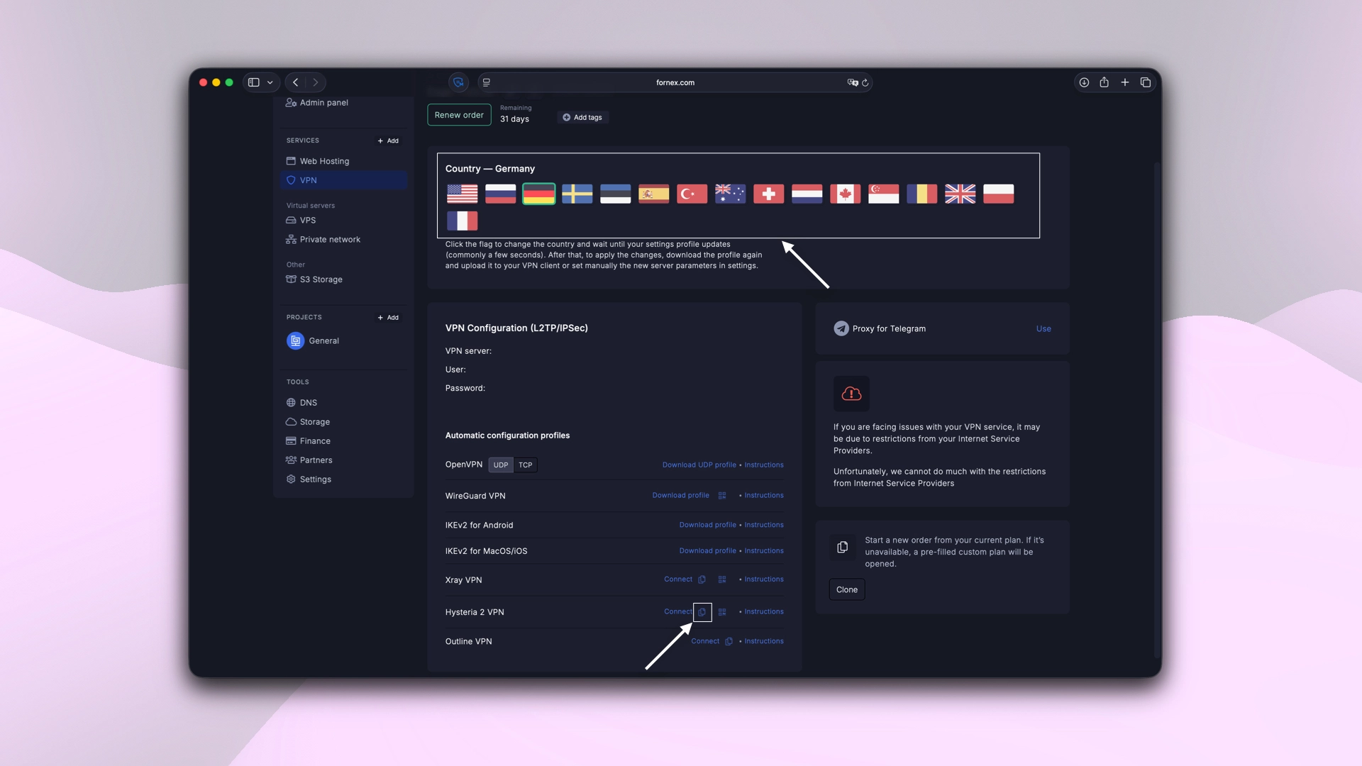 Selecting the VPN connection country and configuration option
