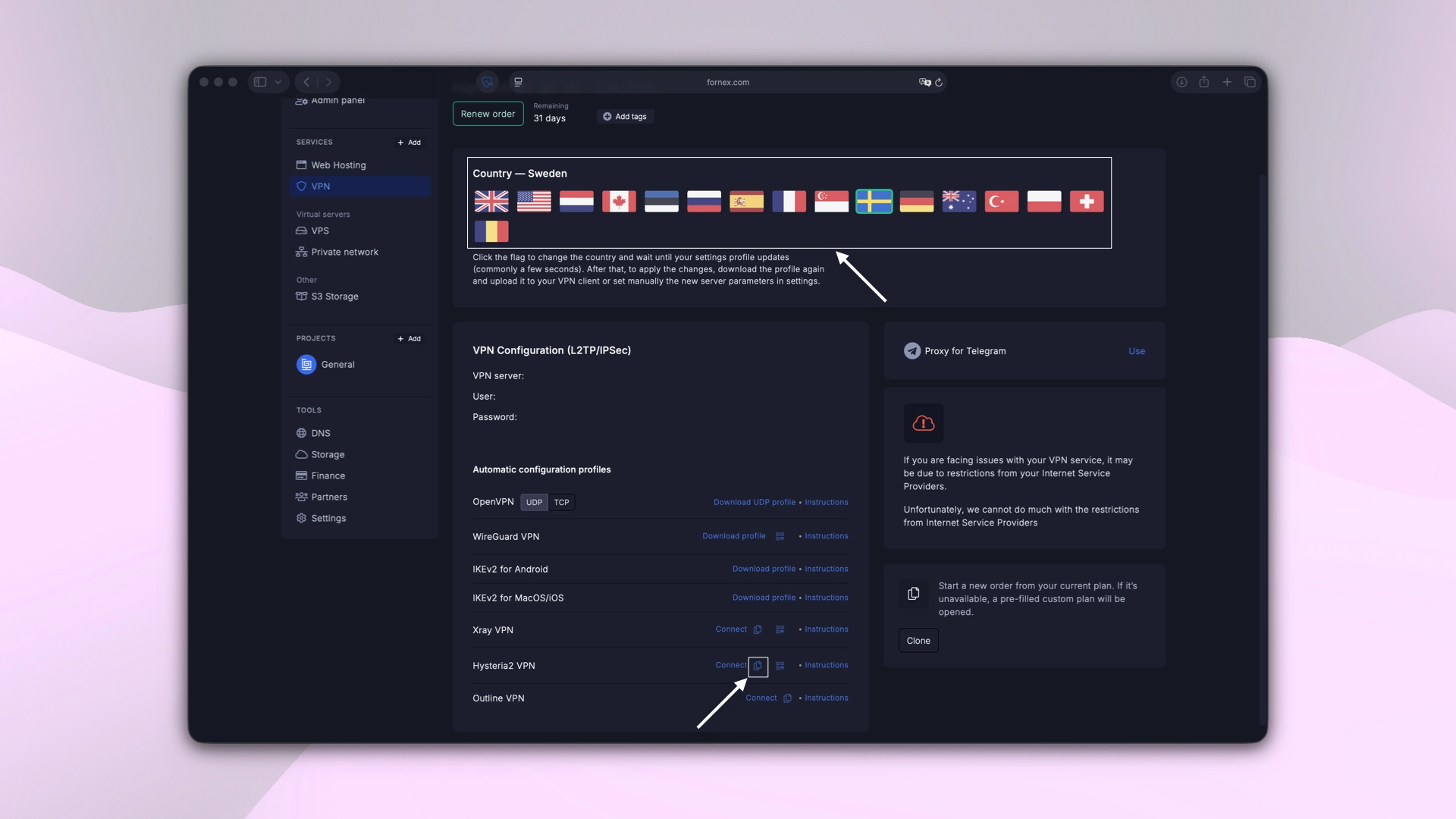 Selecting the VPN connection country and configuration option
