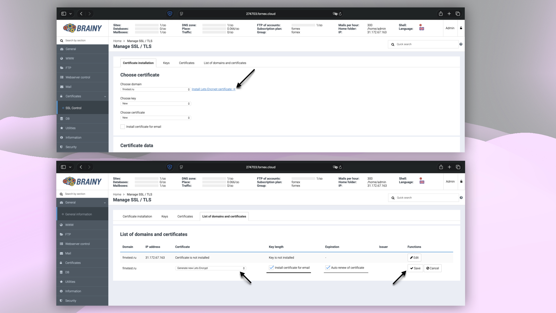 Installing Let’s Encrypt SSL certificate in BrainyCP