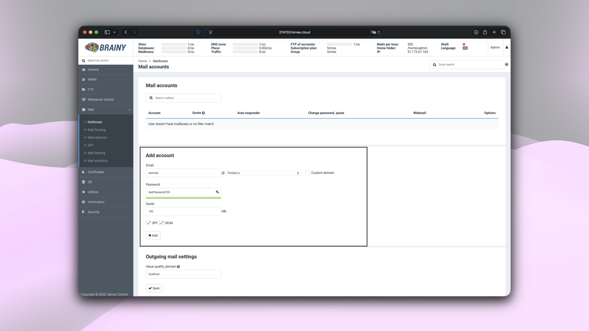 New mail account parameters in BrainyCP