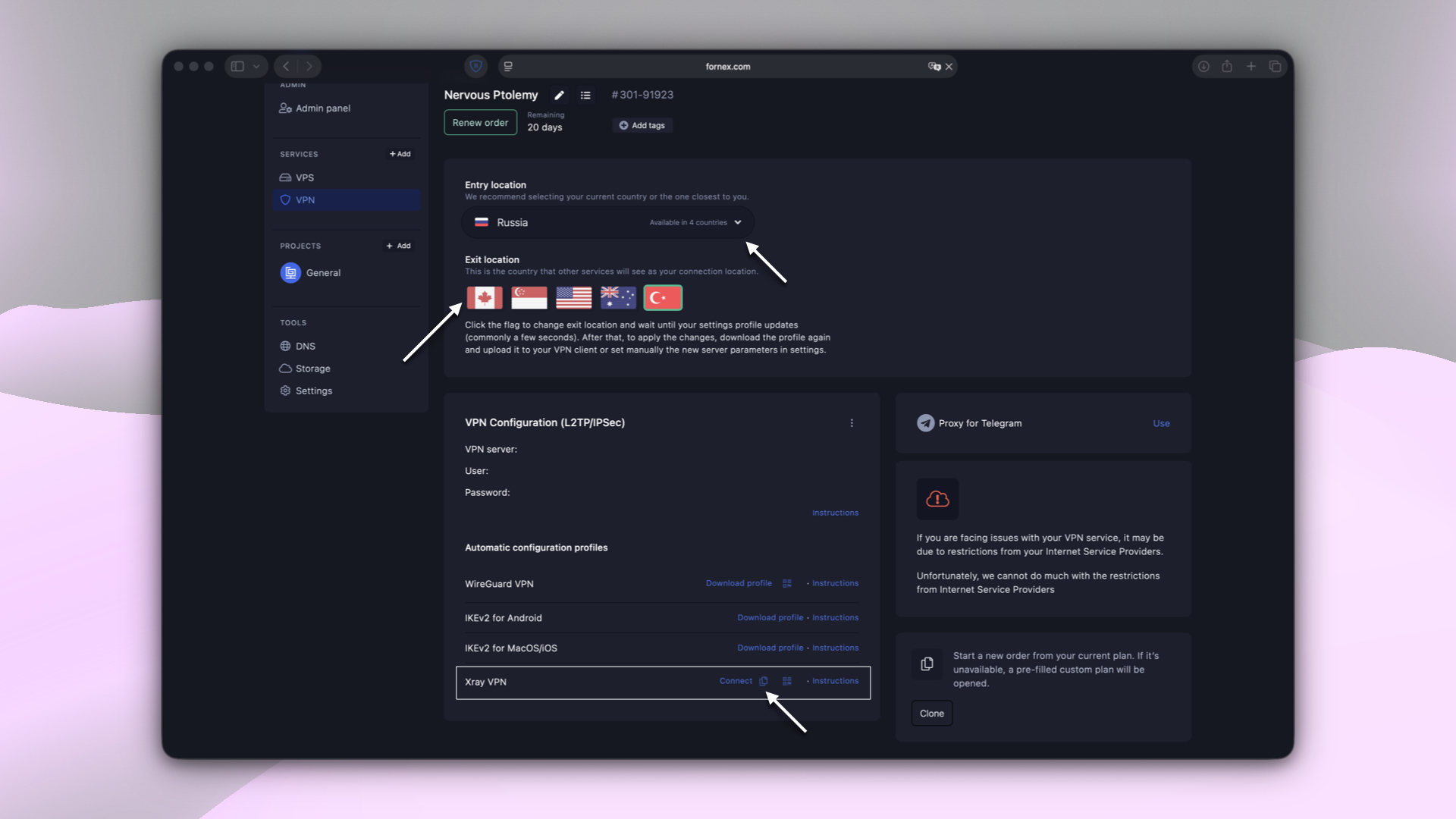 Choosing the connection country and VPN configuration option
