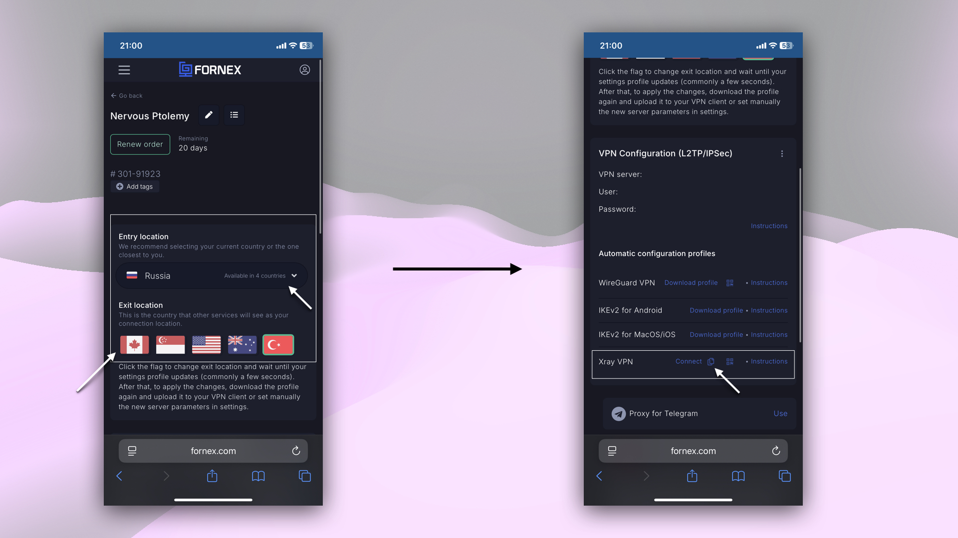 Choosing the connection country and VPN configuration option