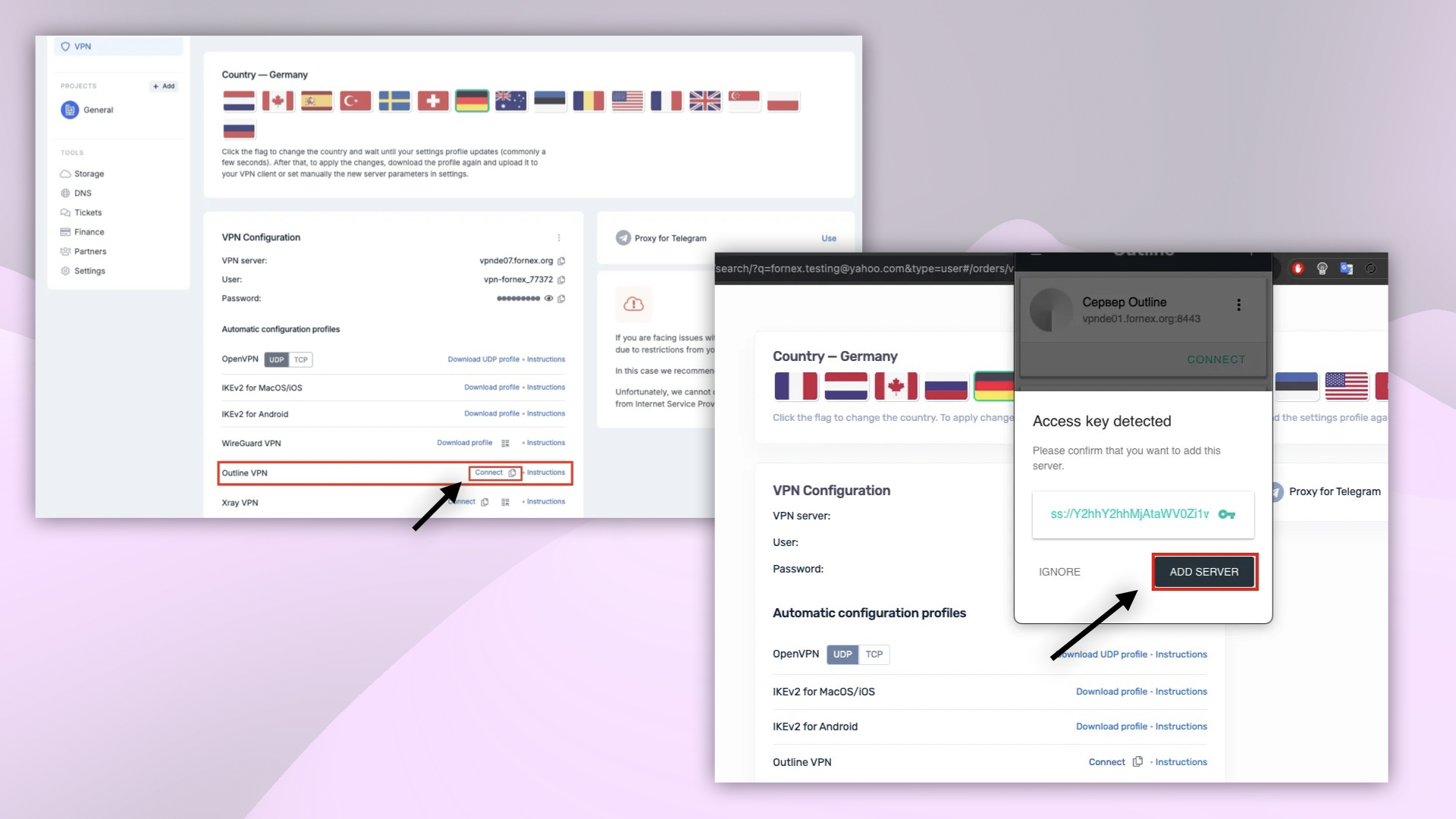 Selecting VPN connection country and configuration