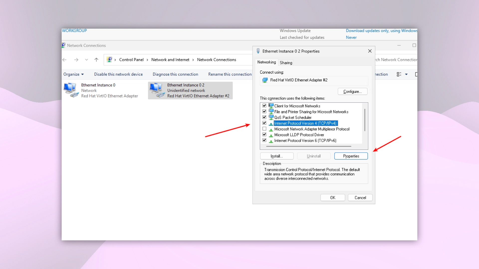 Ethernet Instance properties in Server Manager
