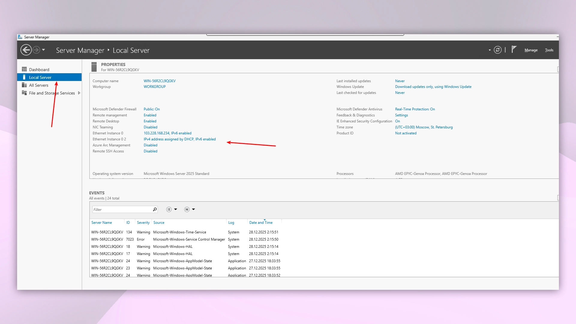 Local Server dashboard in Server Manager