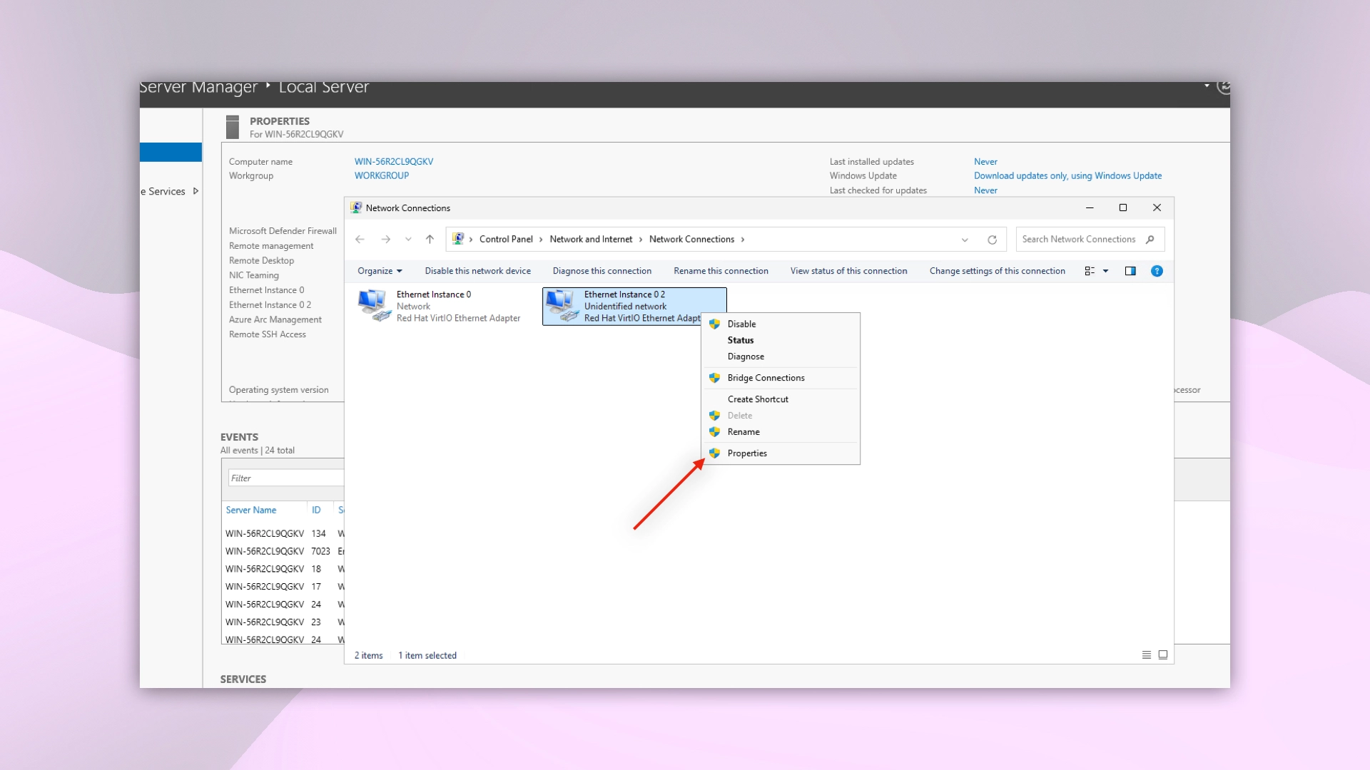 Selecting the connection in Network Connections