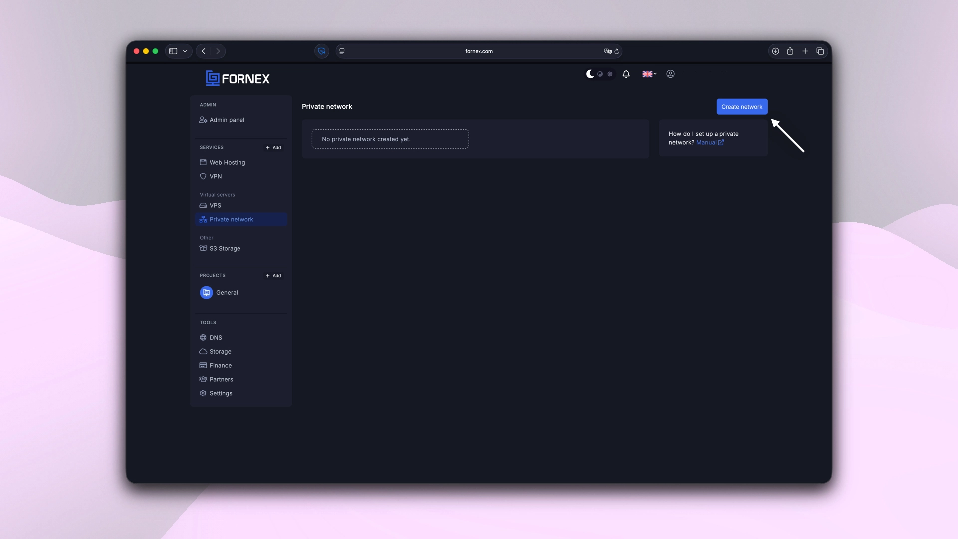 Private network VPS section on Fornex