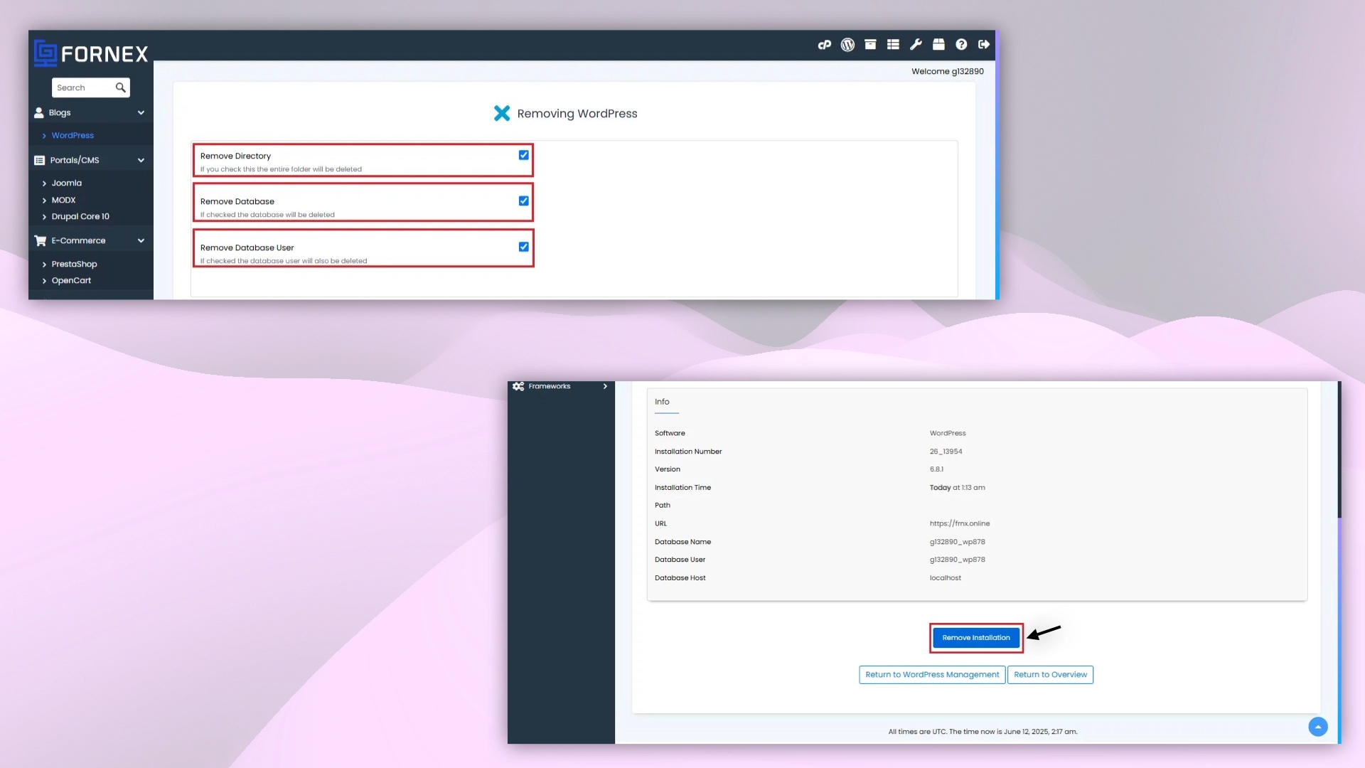 Deleting the site in cPanel