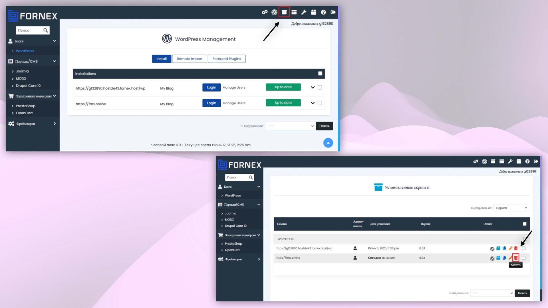 Удаление сайта в cPanel