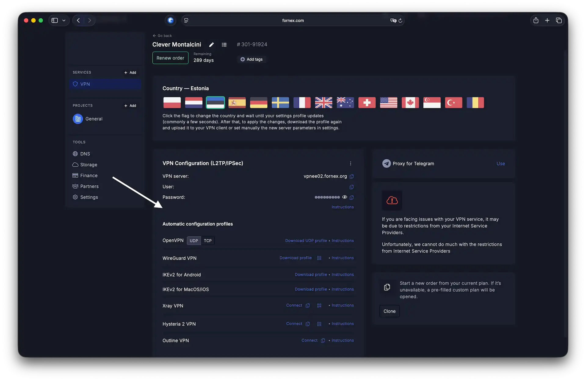 VPN connection parameters