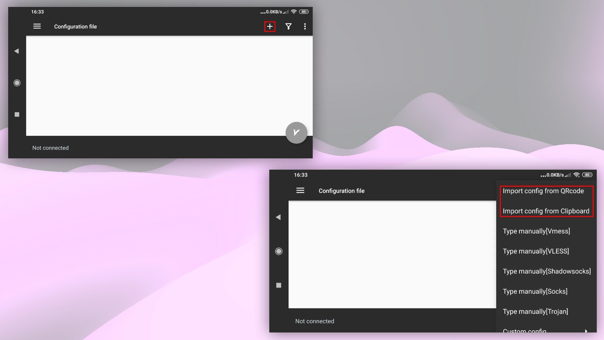 Pasting the VPN configuration from the clipboard into v2rayNG