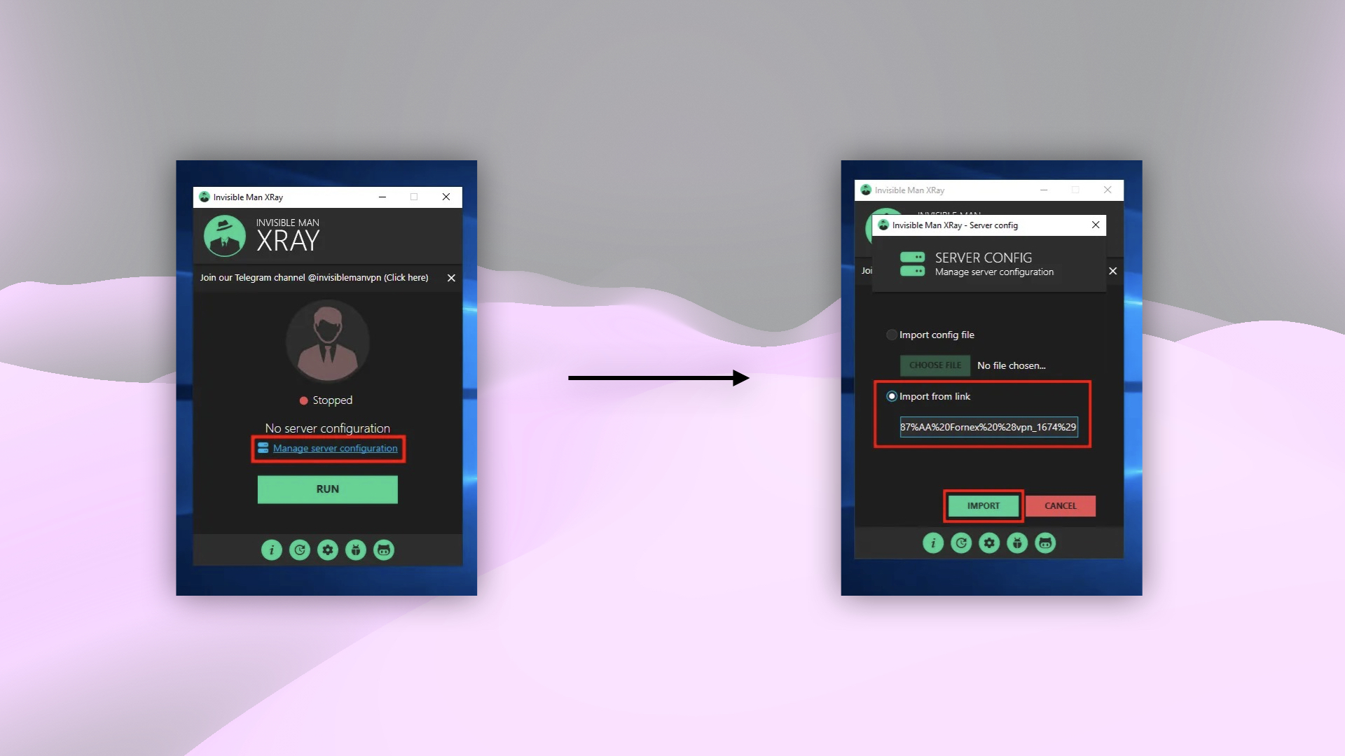Вставка конфигурации VPN из буфера в InvisibleMan-XRayClient