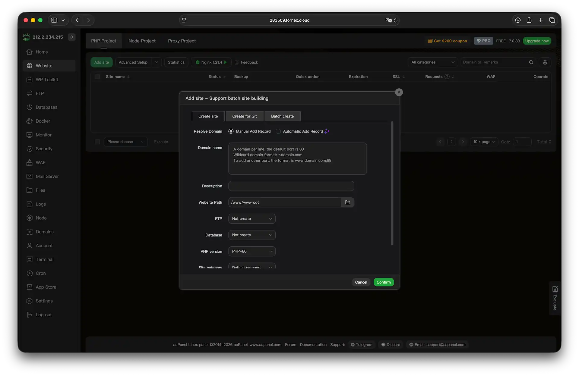 Adding a site in aaPanel
