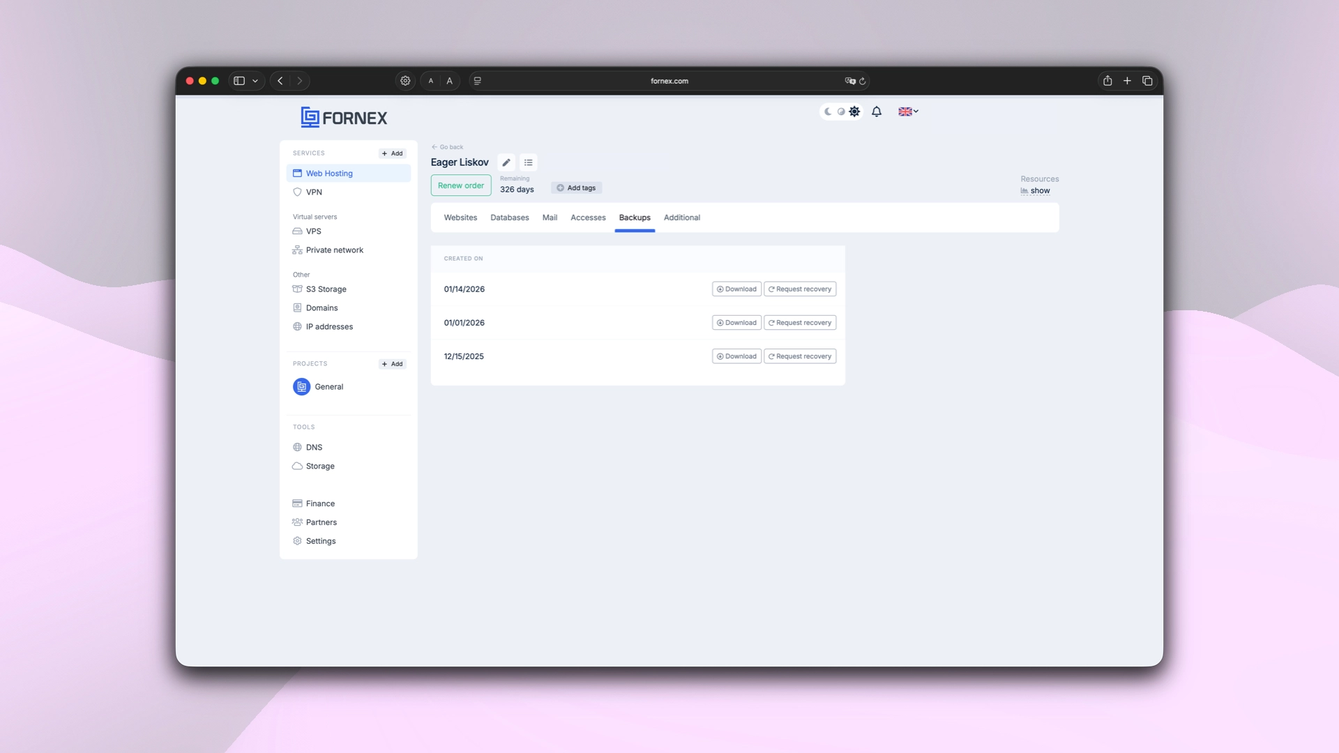 List of backups in the dashboard