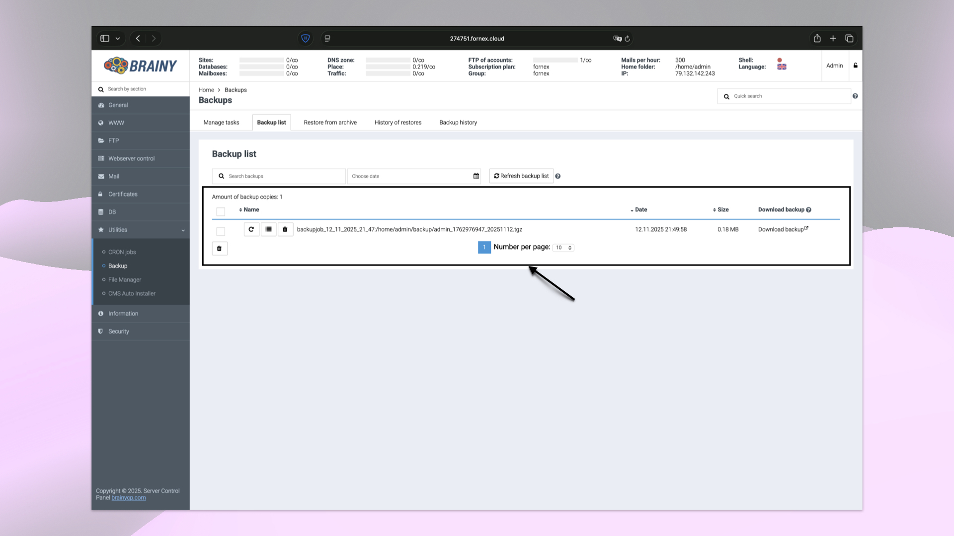 Backup Archives List in BrainyCP