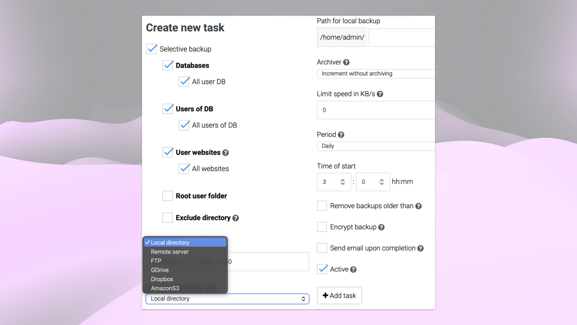 Backup Task Configuration Interface in BrainyCP