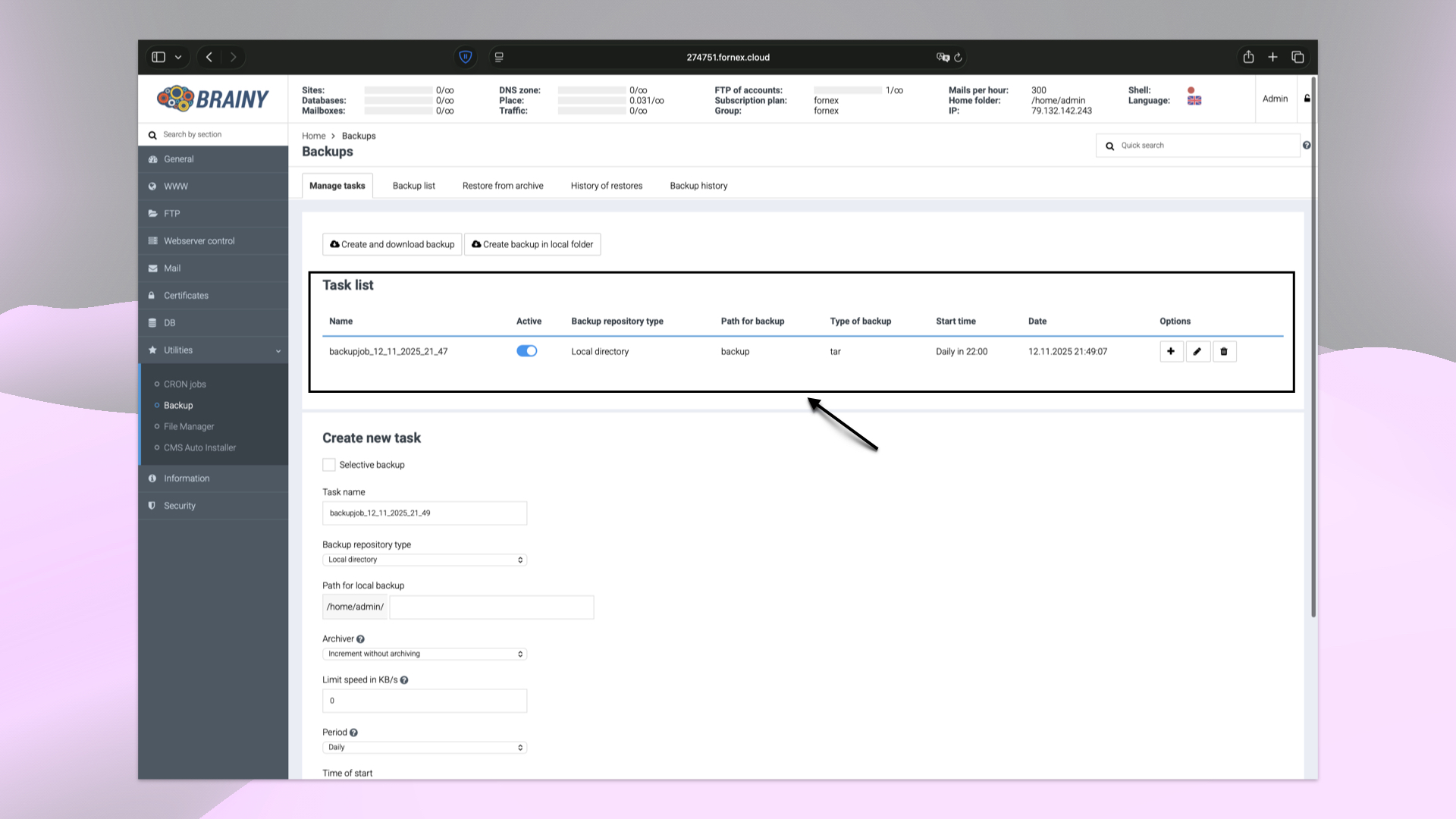 Backup Task List in BrainyCP