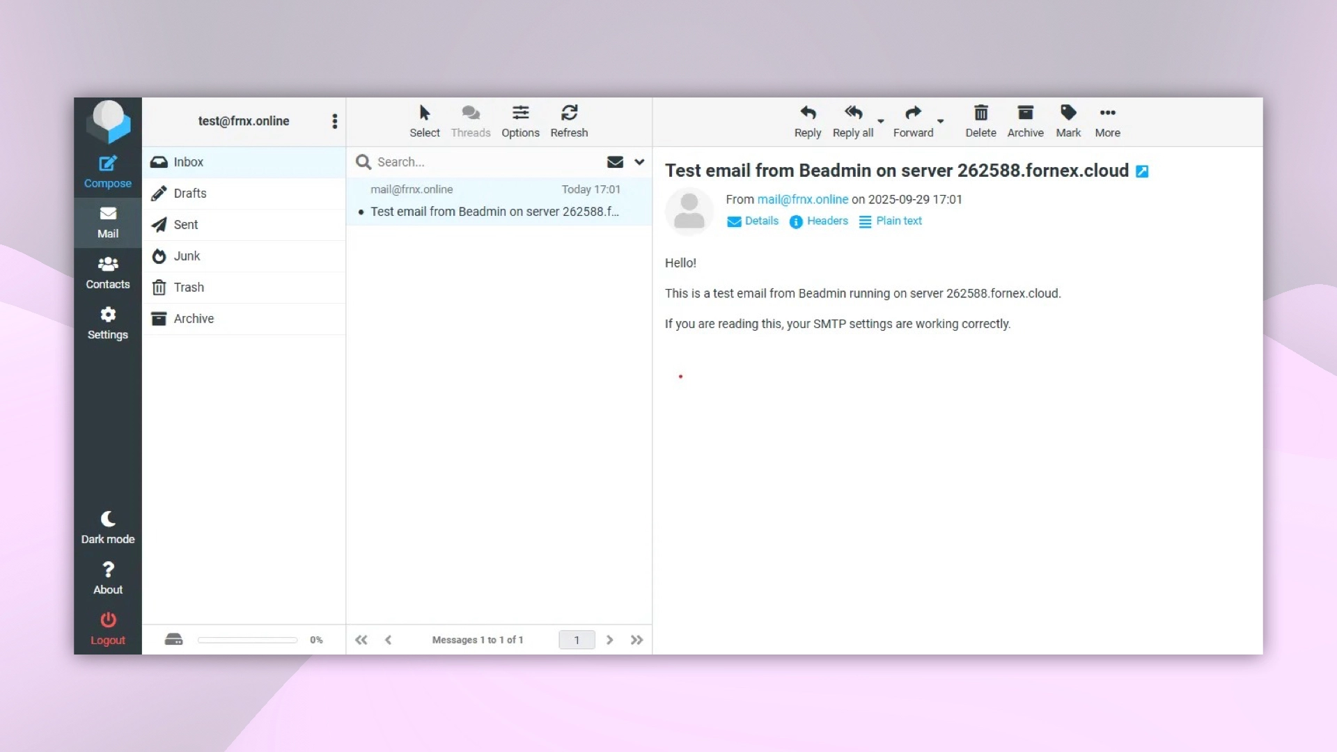 Example test email in inbox