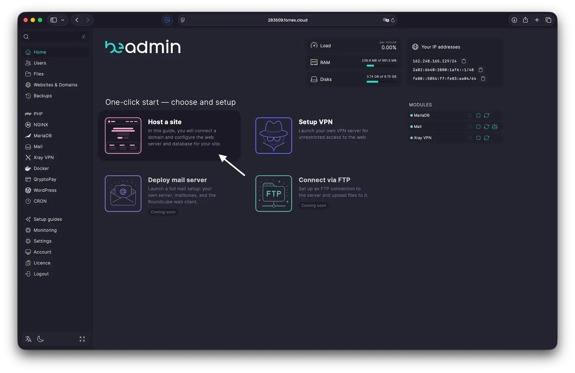 BeAdmin site creation