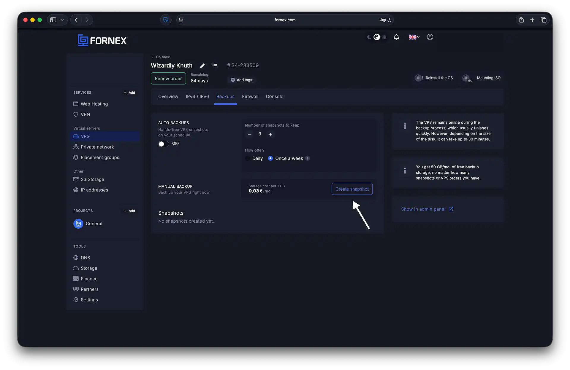 Creating a VPS snapshot