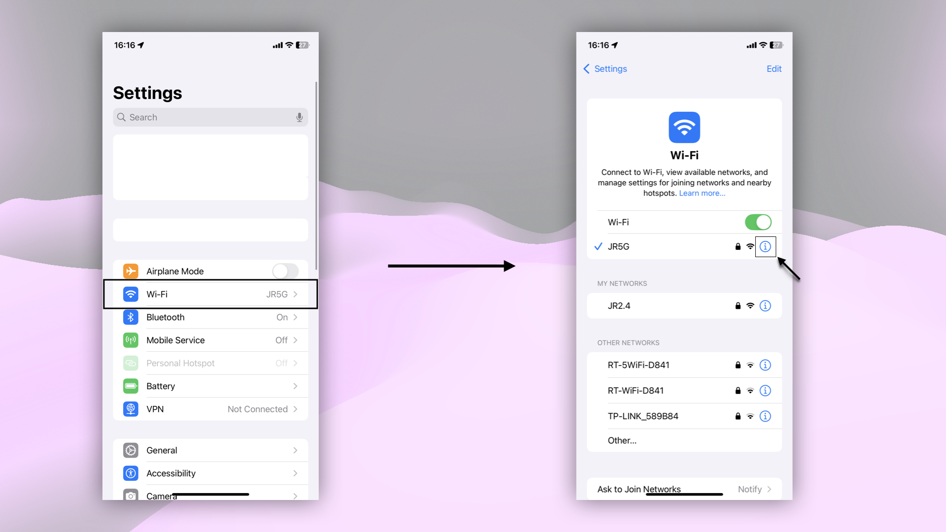 Wi-Fi connection settings on iOS