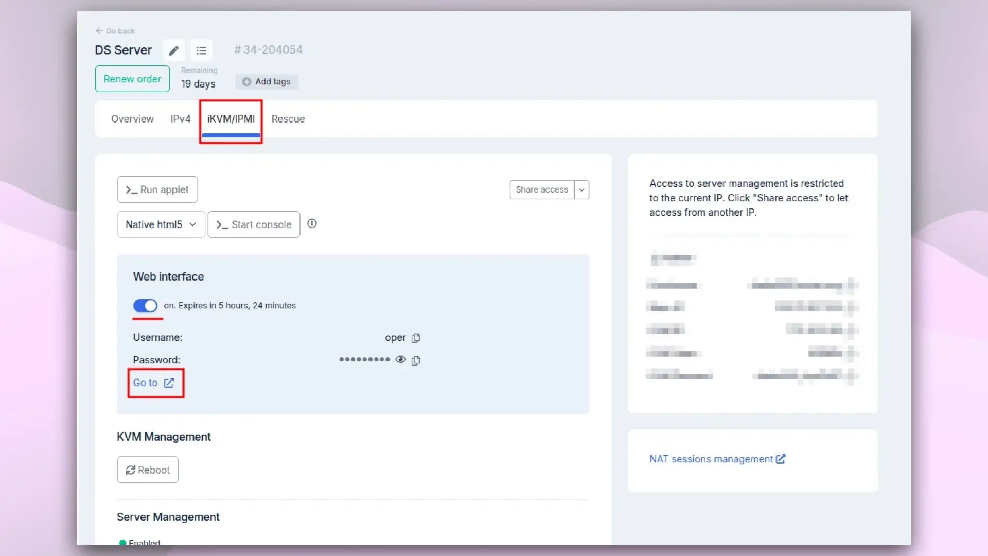 Activating the IPMI web interface