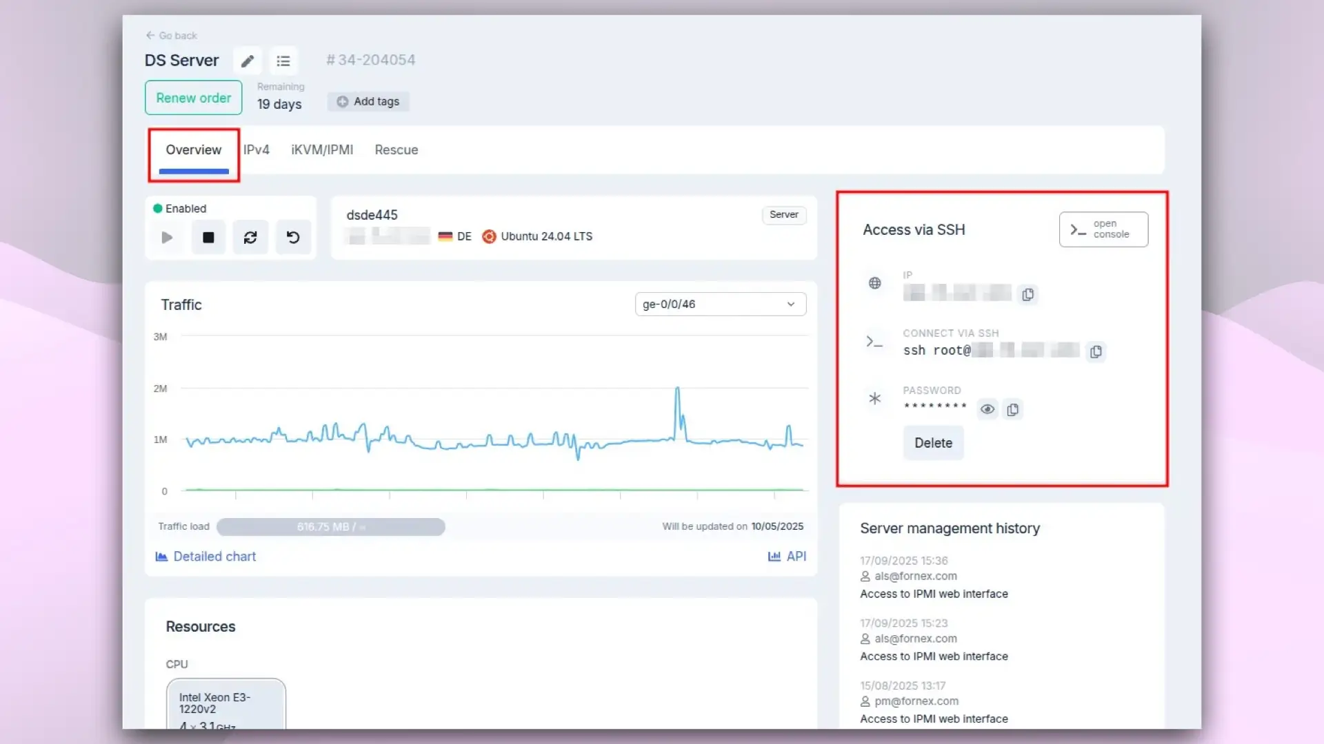 SSH details in Fornex dashboard