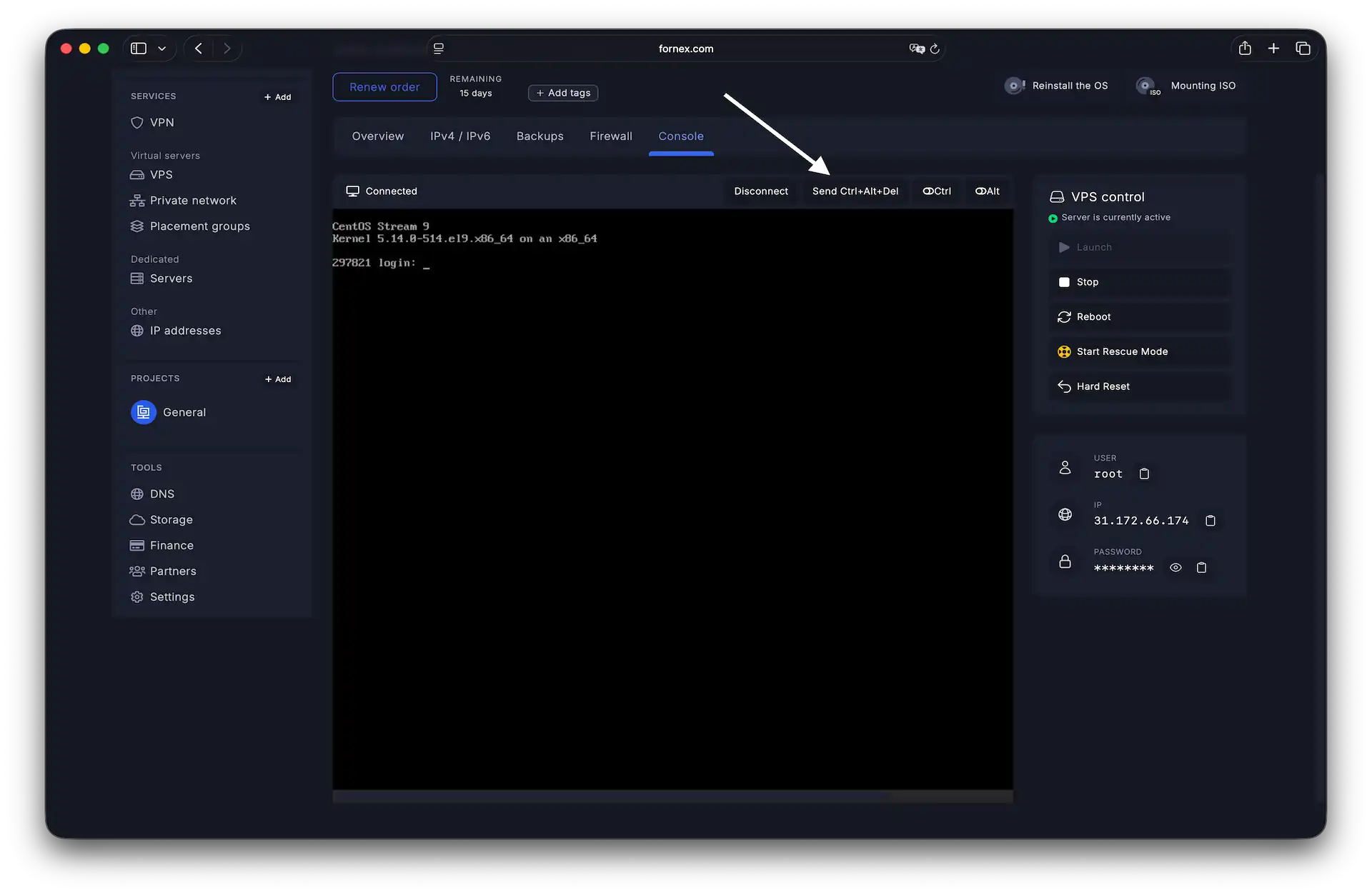 Reboot button in the control panel