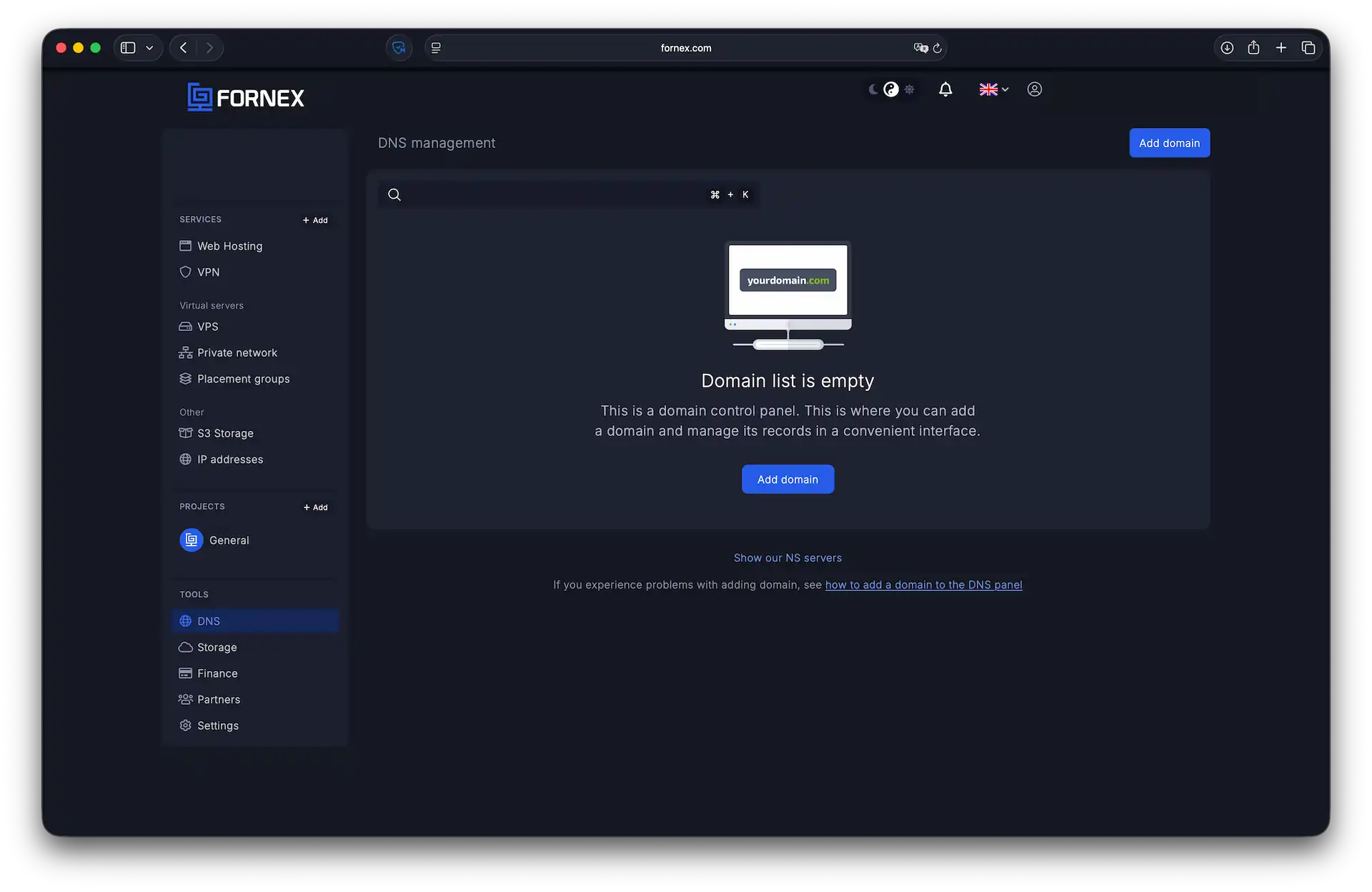 Adding a domain to DNS panel
