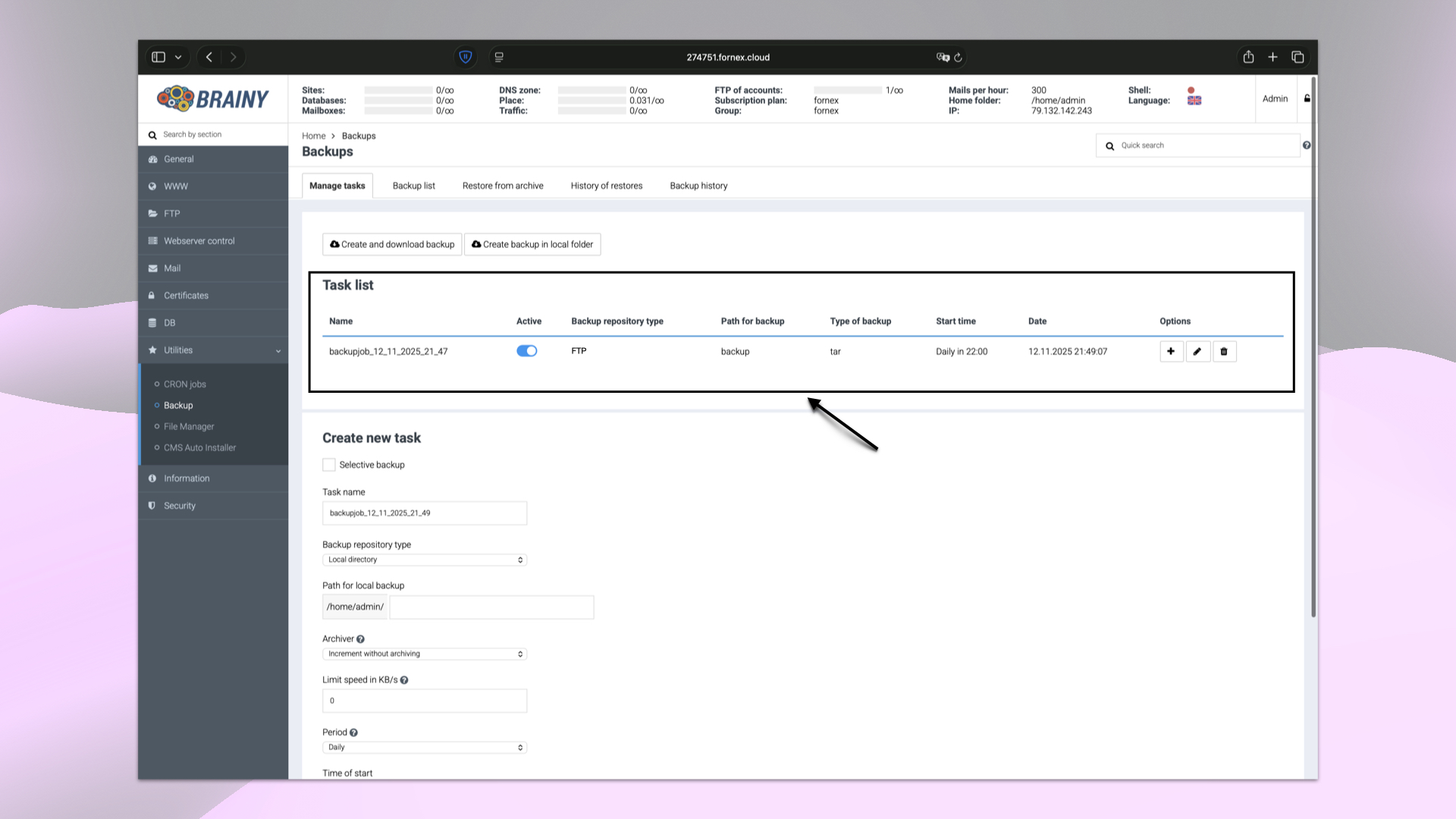 Backup Task List in BrainyCP