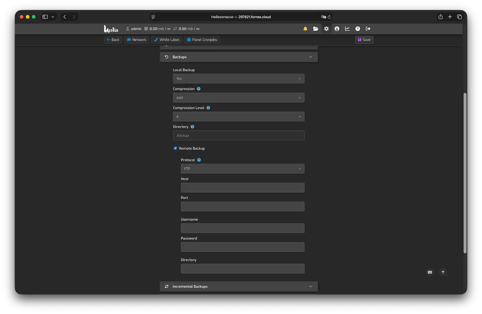 Impostazioni backup remoto