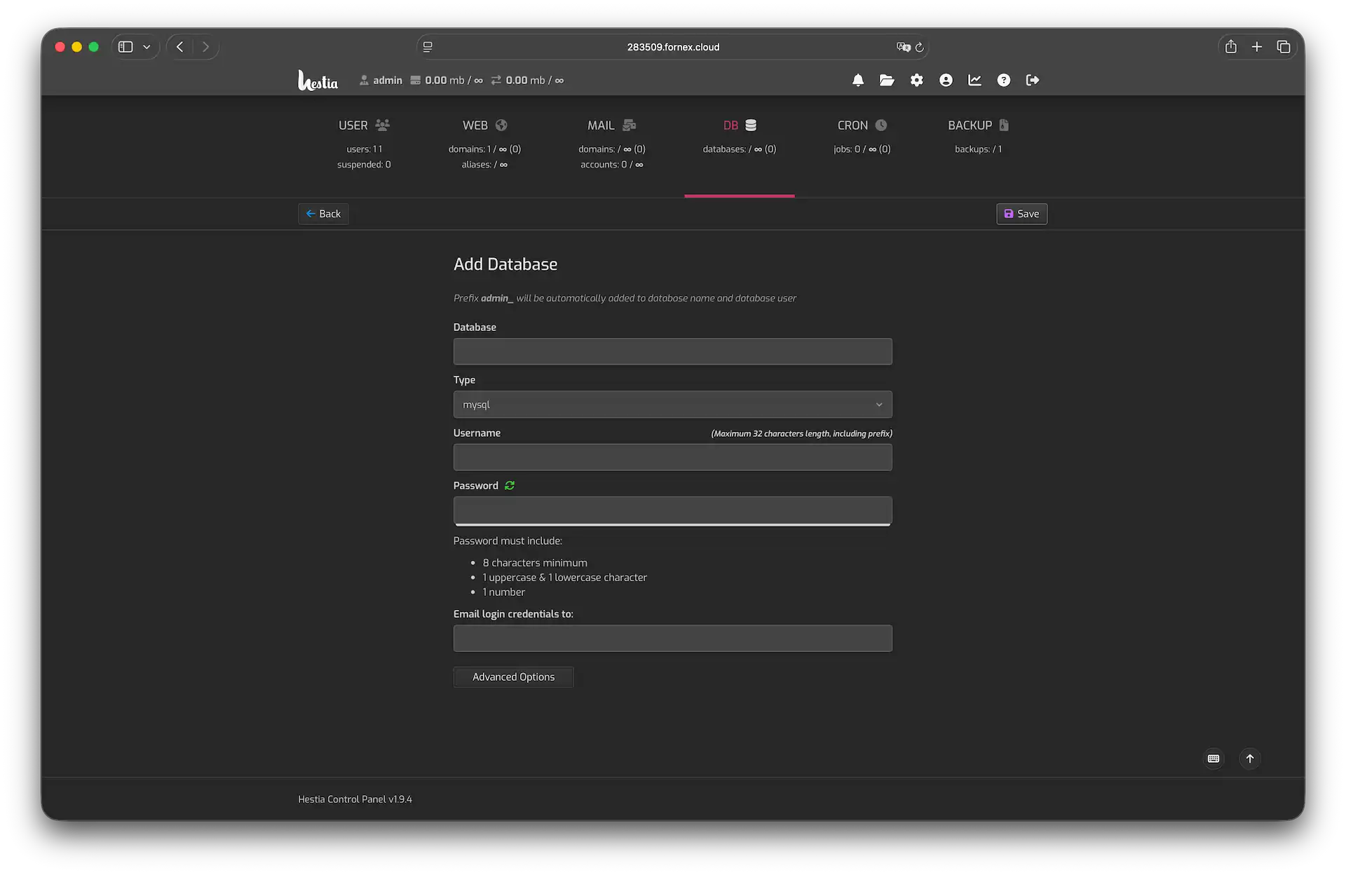 Database creating in Hestia