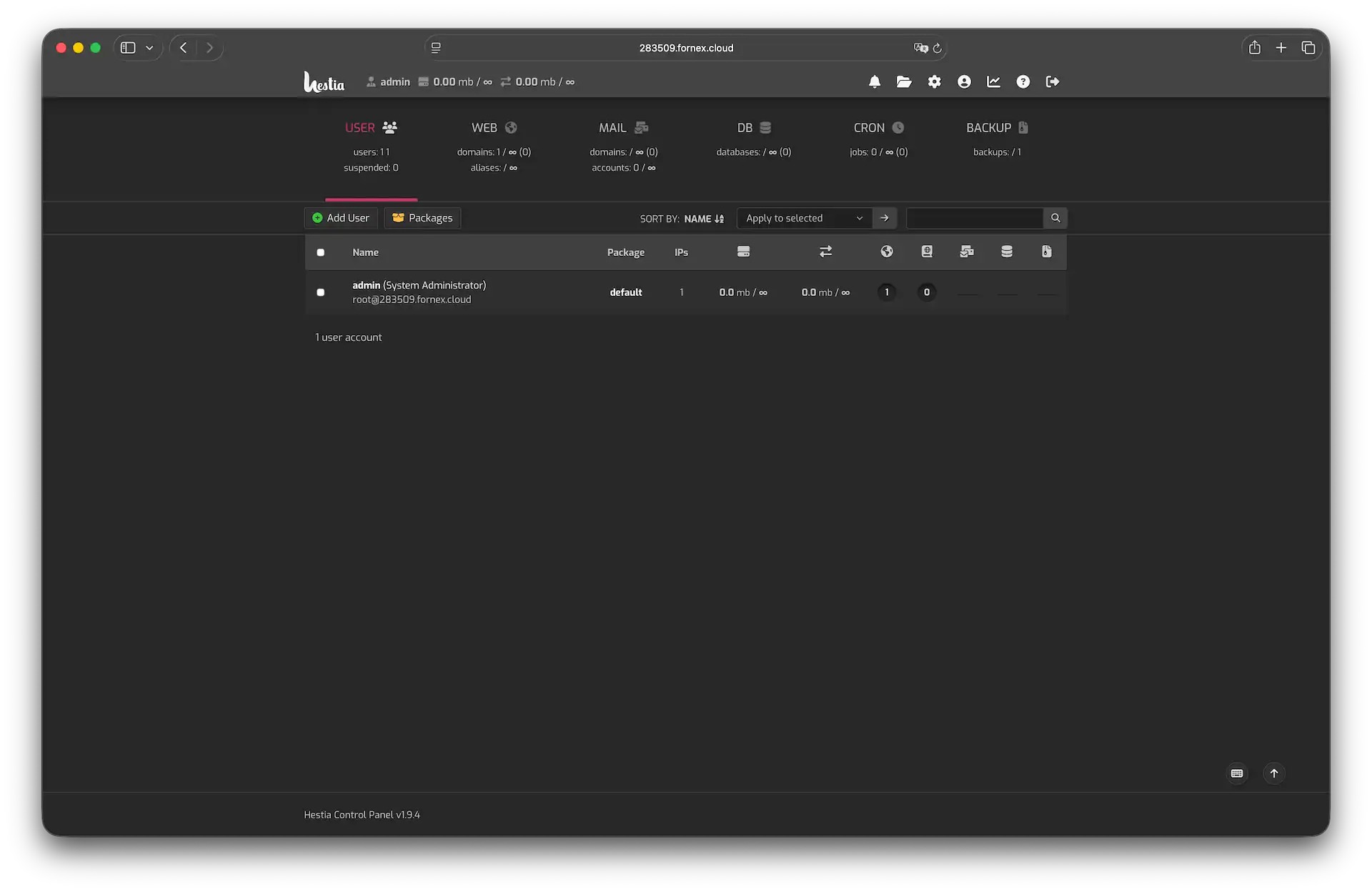 HestiaCP main dashboard