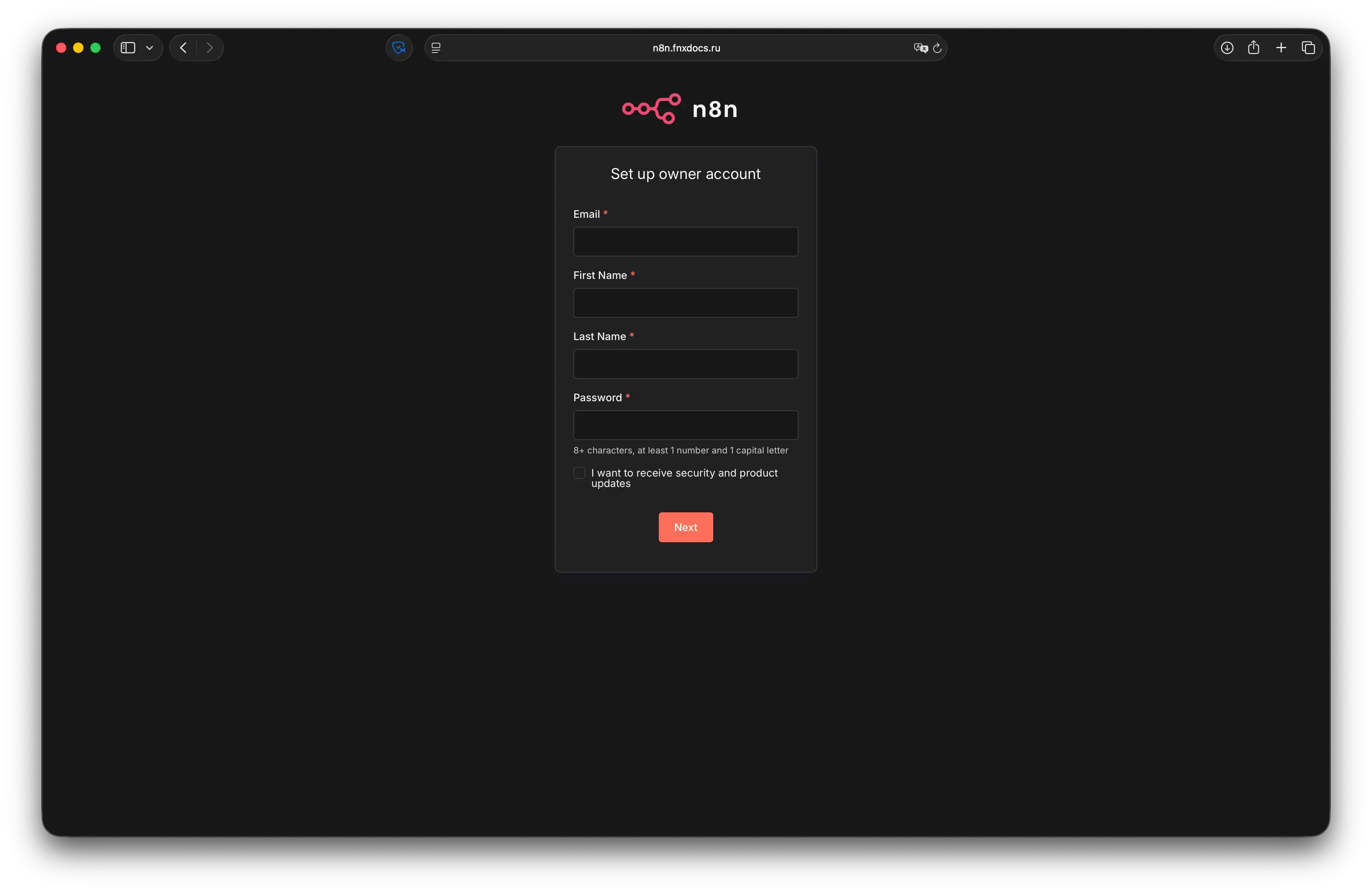 Вход в веб-интерфейс n8n