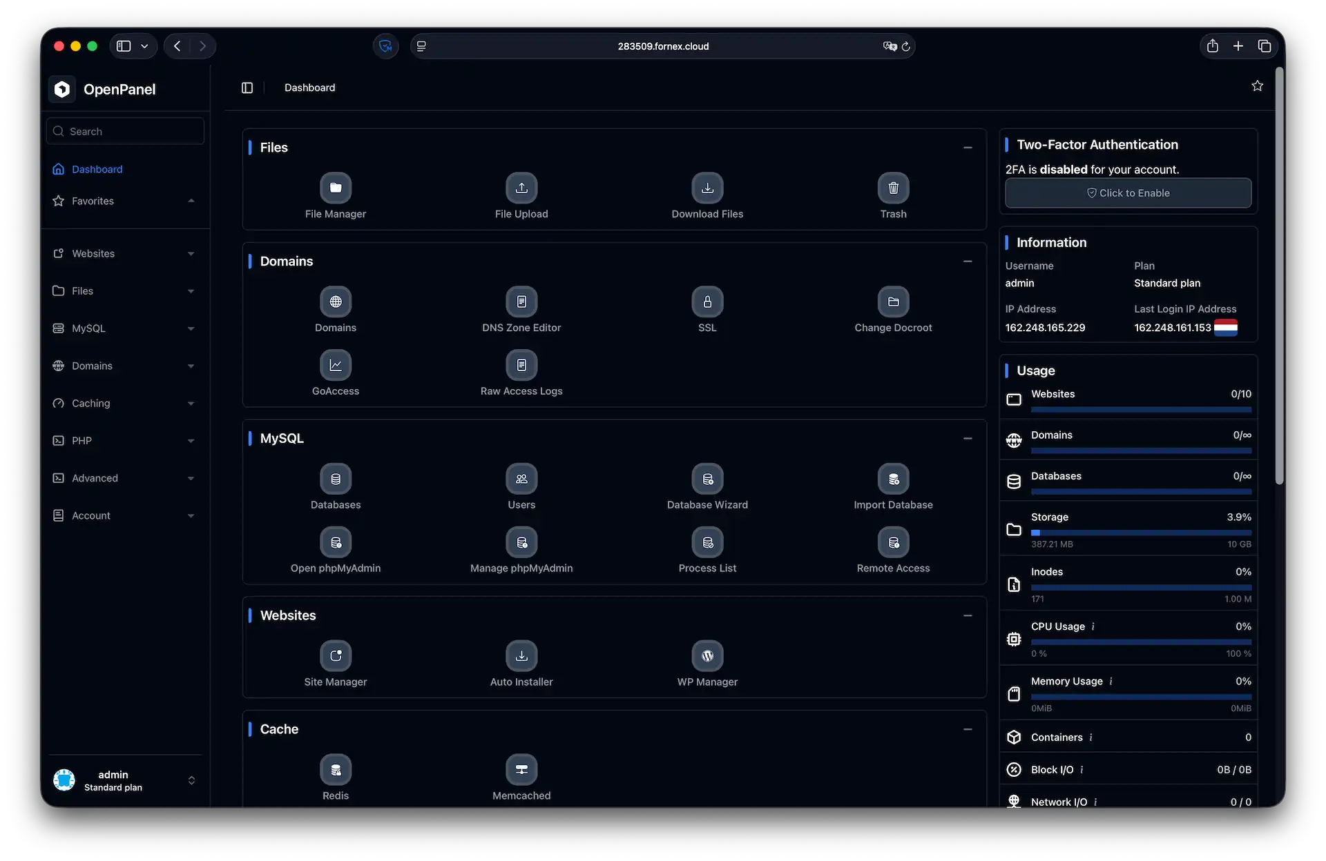 The OpenPanel dashboard